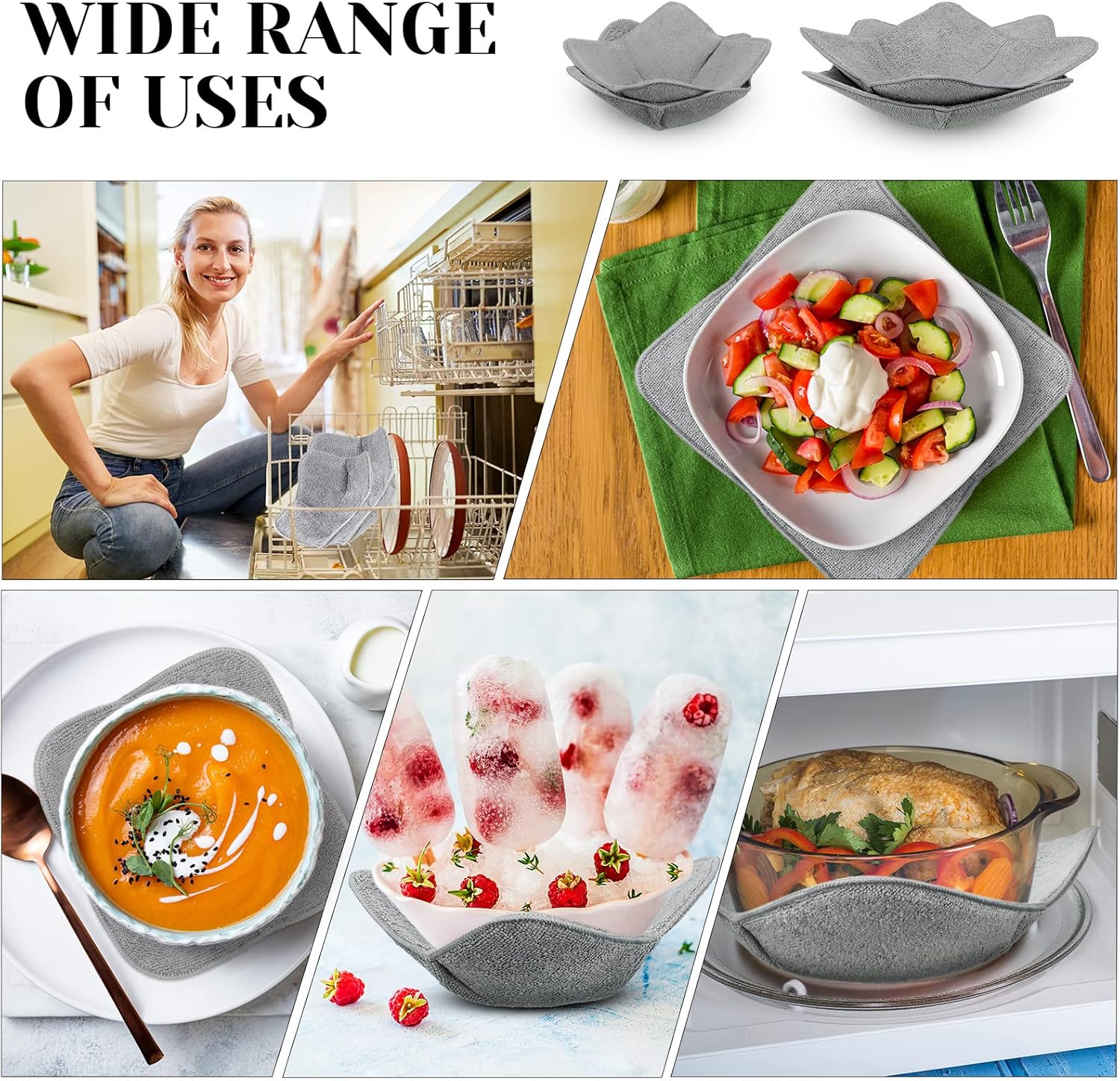 Microwave Bowl Cozy Holders for Hot Food Bowl Pot Plate in 2 Sizes Heat Proof Polyester Potholder Protector Food Soup for Bouillon(Gray,4 Pieces) - Image 4