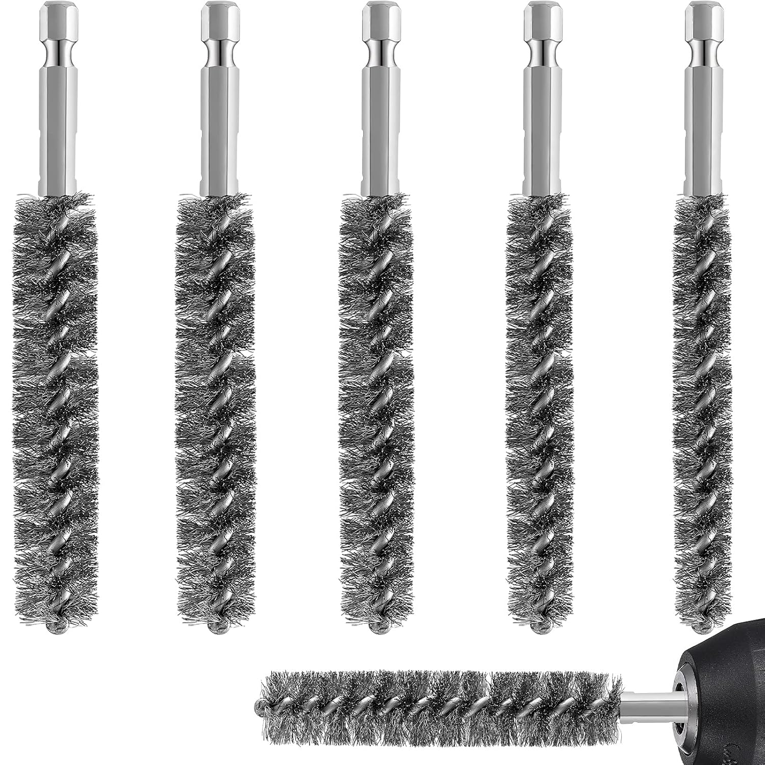 Stainless Steel Bore Brush Stainless Steel Bristles Wire Brush for Power Drill with Hex Shank Handle (0.8 cm, 1 cm, 1.2 cm, 1.5 cm, 1.7 cm, 1.9 cm, 6 Pcs) - Image 1