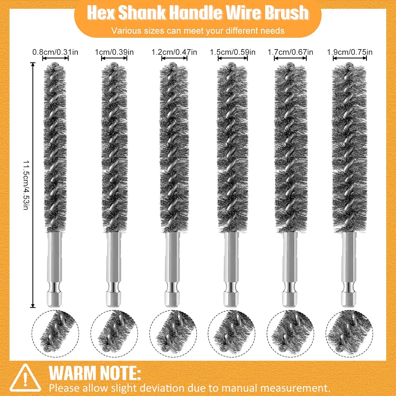 Stainless Steel Bore Brush Stainless Steel Bristles Wire Brush for Power Drill with Hex Shank Handle (0.8 cm, 1 cm, 1.2 cm, 1.5 cm, 1.7 cm, 1.9 cm, 6 Pcs) - Image 2