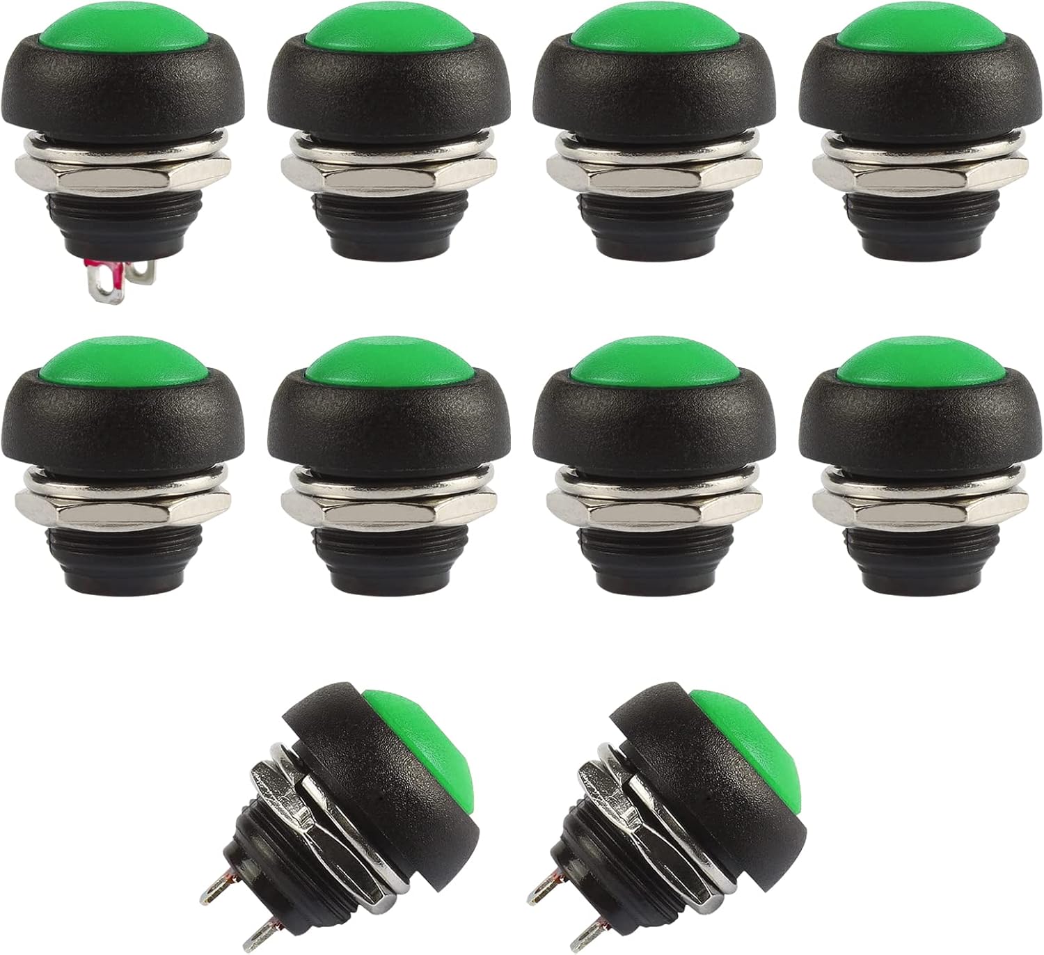 Momentary Push Button Switches, 2 Pin On/Off AC 250V/1A 125V/3A DC 12V/3A 12MM Round SPST Normal Open Pushbutton Momentary Switches (Green, Pack of 10) - Image 1