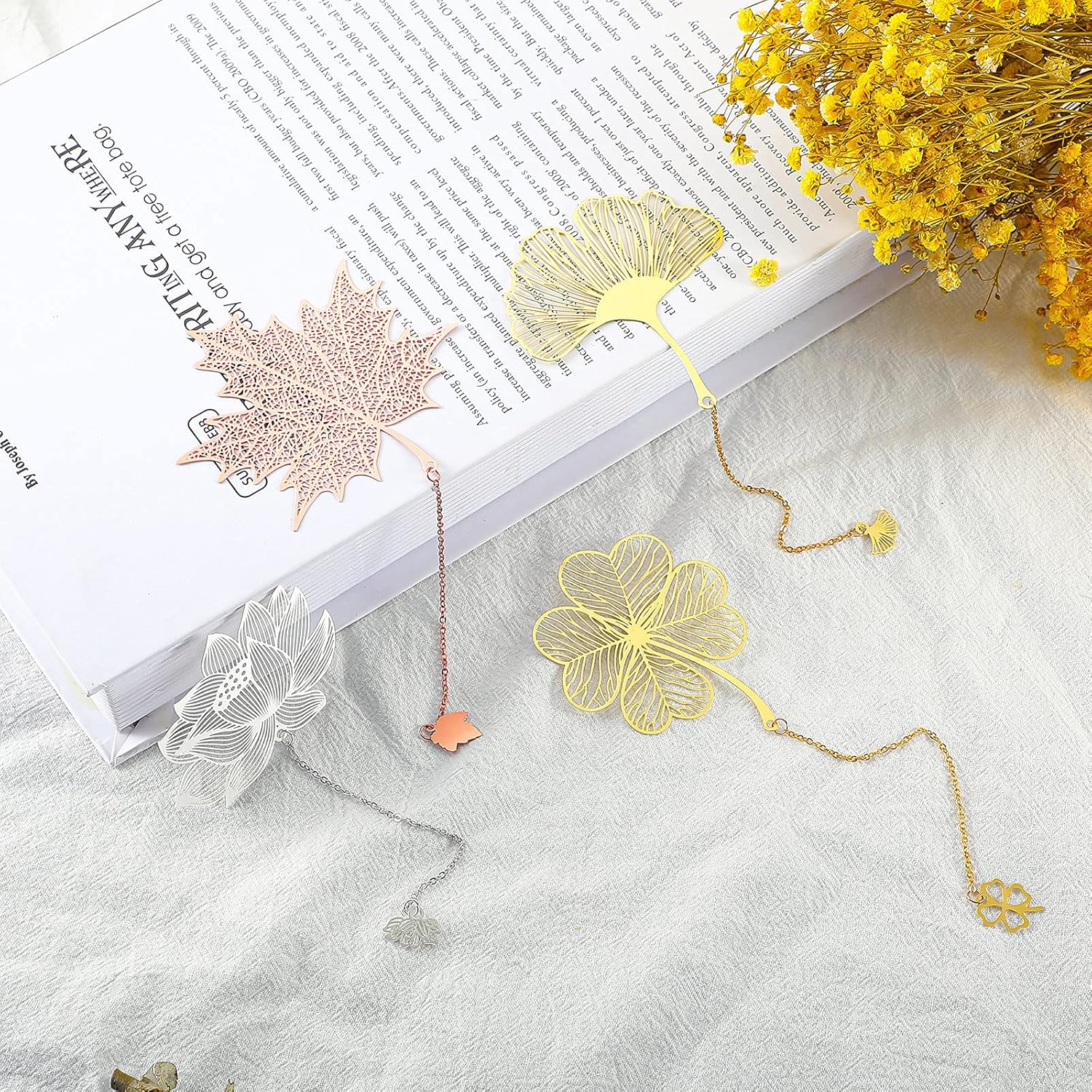 12 Pieces Metal Bookmarks with Chain for Women Metal Leaf Bookmark for Book Lovers Writers Readers Children Teens Adults Gold Silver and Rose Gold(Chain Style) - Image 2