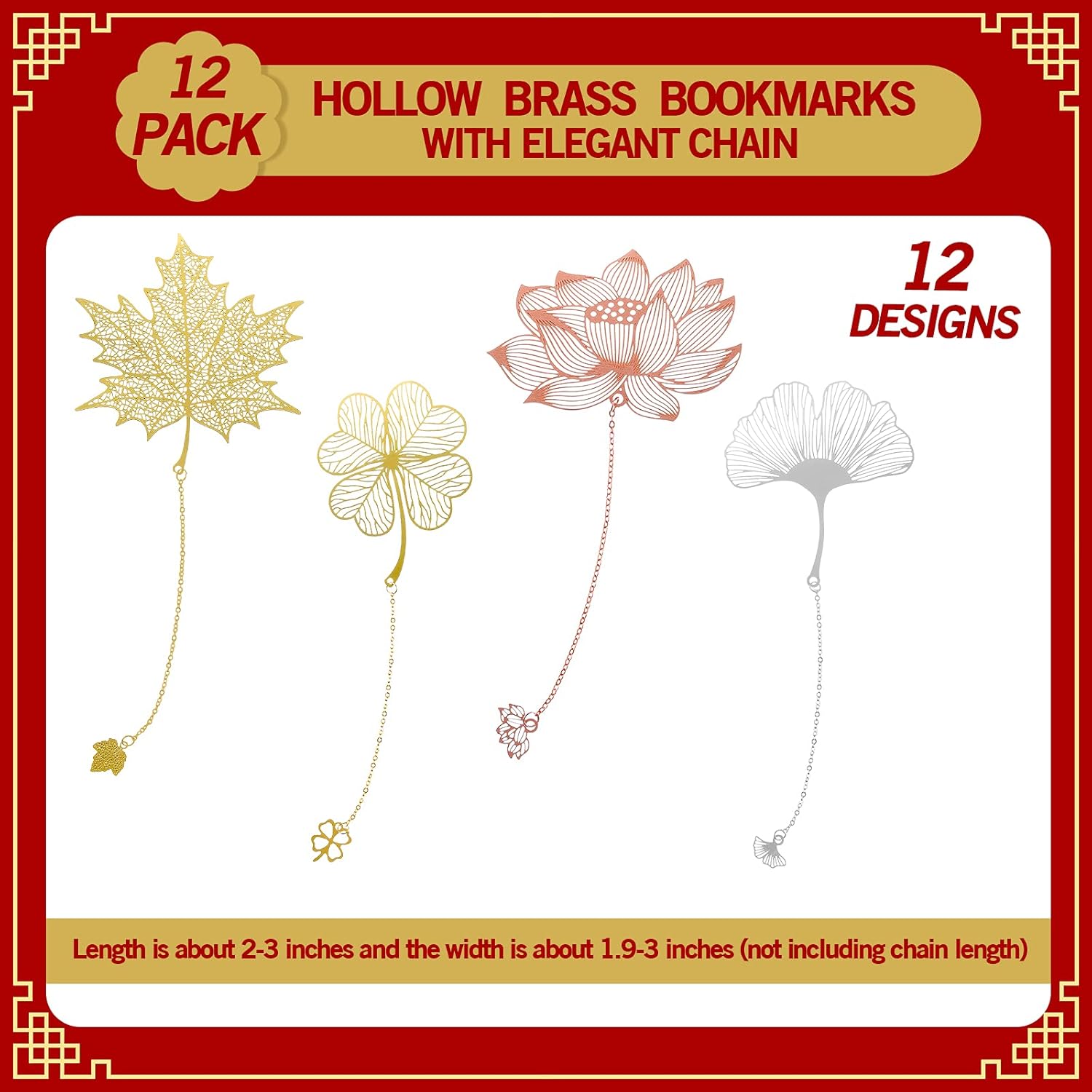 12 Pieces Metal Bookmarks with Chain for Women Metal Leaf Bookmark for Book Lovers Writers Readers Children Teens Adults Gold Silver and Rose Gold(Chain Style) - Image 3