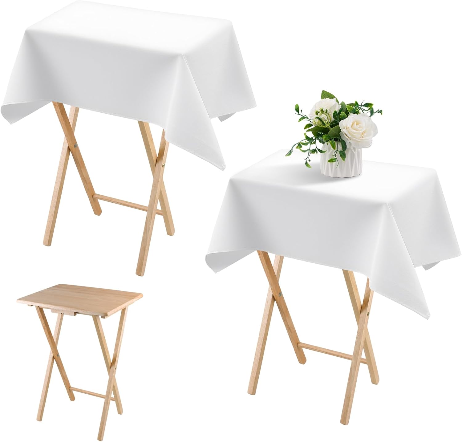 2 Pcs Small Tablecloth Washable Fabric Folding TV Tray Table Cloth Polyester Solid Color Nightstand Cover for Bedside Table Side Outdoor Indoor(White,24 x 36 Inch,Classic Edge) - Image 1
