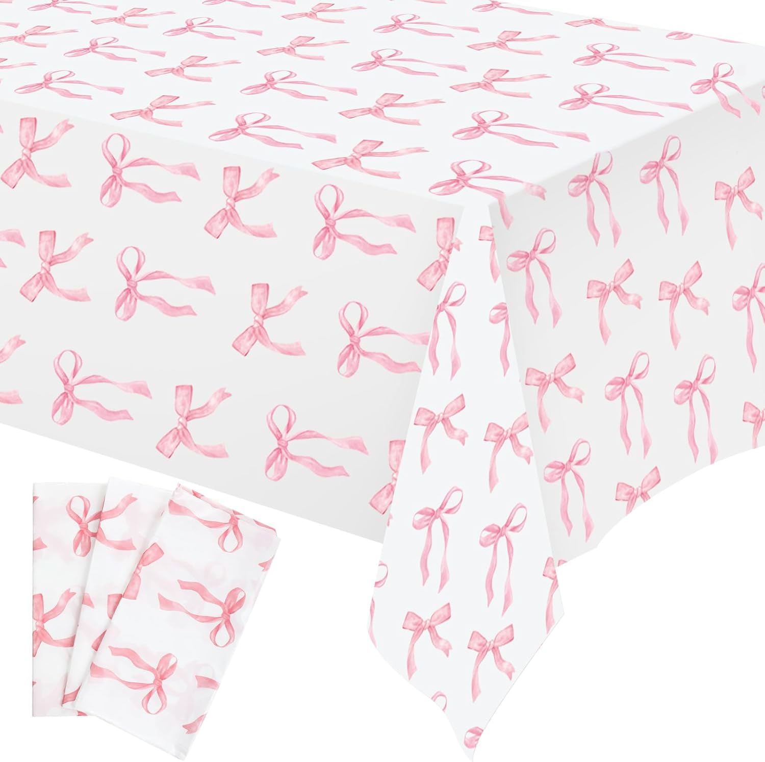 3 Pcs Pink Bow Table Cloth 54 x 108 Inch Coquette Bow Table Cover Rectangle Pink Tablecloth Disposable Tablecovers Coquette Party Decorations for Wedding Engagement Bridal Birthday Decor - Image 1