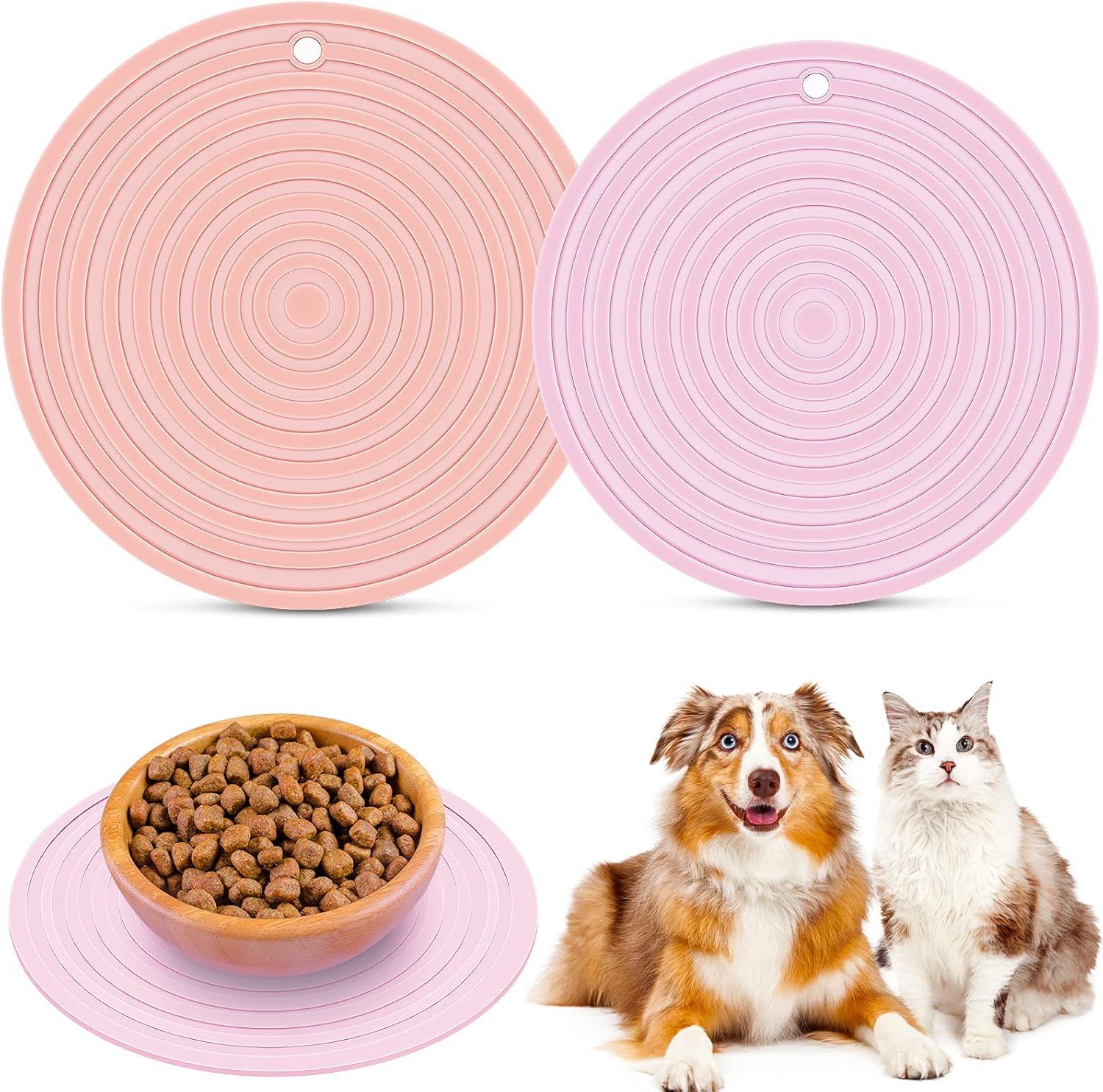 2 Pieces Silicone Pet Food Mat Pet Feeding Mat for Dog and Cat Food Bowl Placemat Preventing Food and Water Overflow Suitable for Medium and Small Pet, 9.5 x 9.5 Inch and 7.1 x 7.1 Inch (Pink) - Image 1
