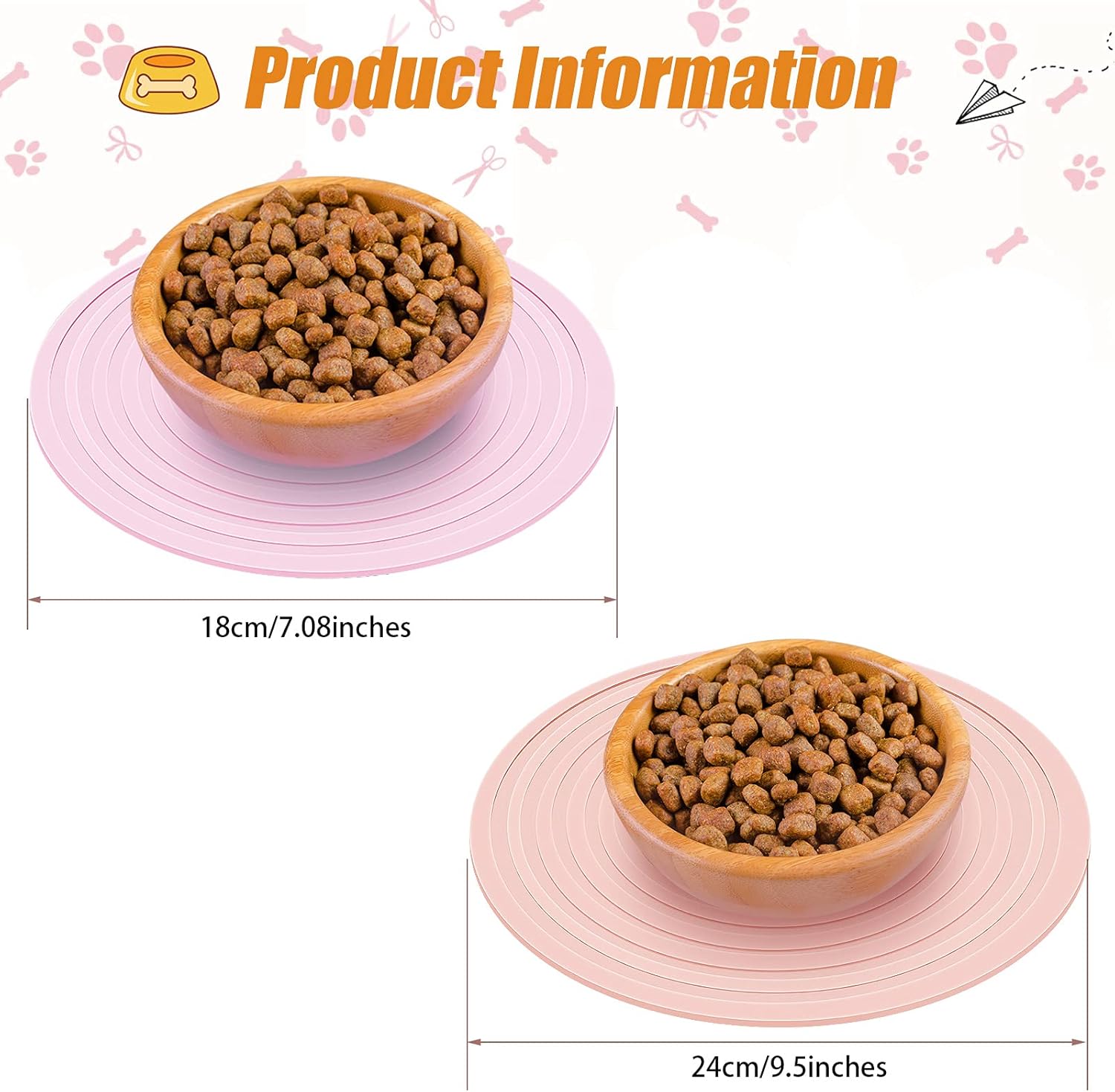 2 Pieces Silicone Pet Food Mat Pet Feeding Mat for Dog and Cat Food Bowl Placemat Preventing Food and Water Overflow Suitable for Medium and Small Pet, 9.5 x 9.5 Inch and 7.1 x 7.1 Inch (Pink) - Image 2