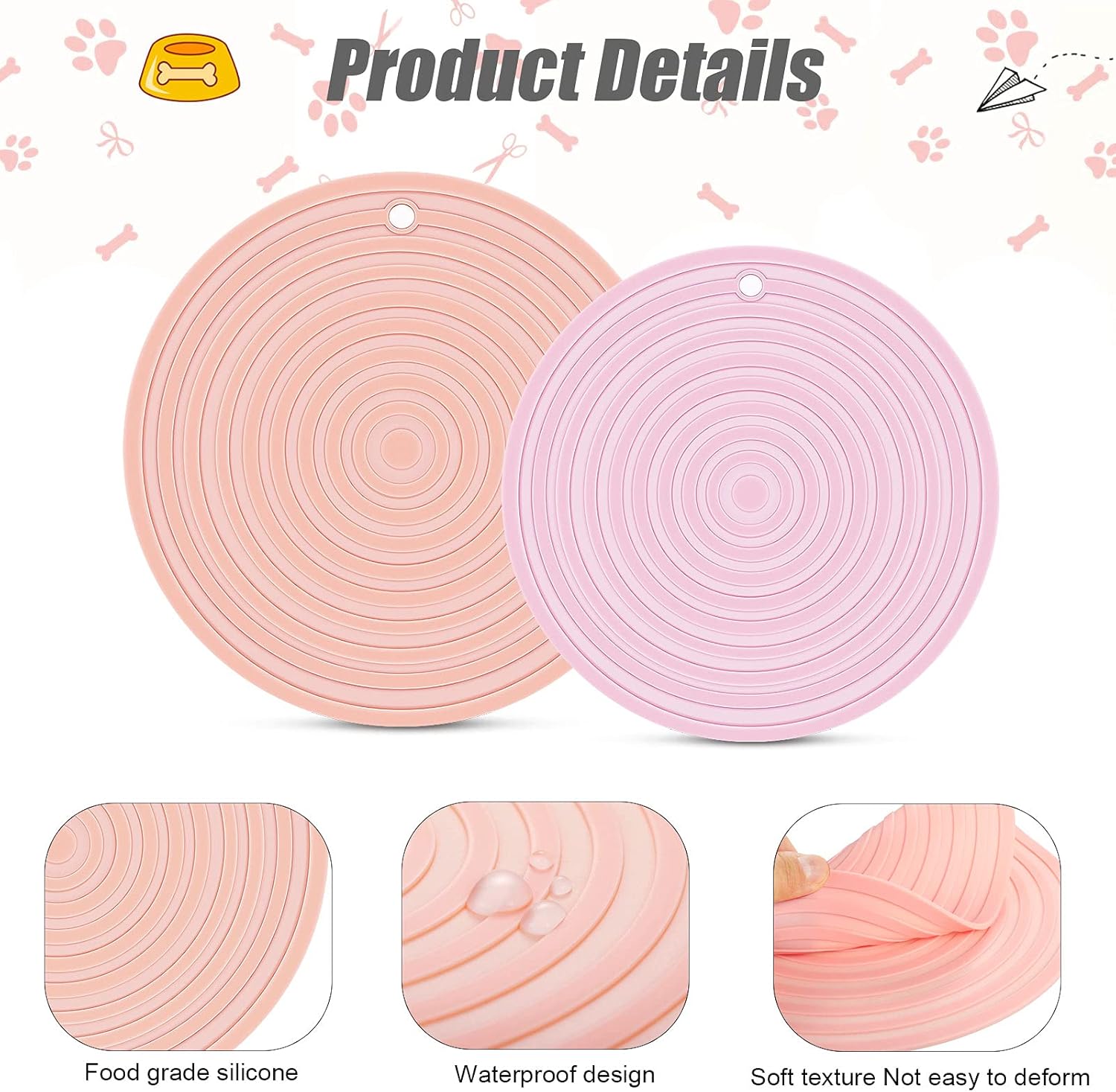 2 Pieces Silicone Pet Food Mat Pet Feeding Mat for Dog and Cat Food Bowl Placemat Preventing Food and Water Overflow Suitable for Medium and Small Pet, 9.5 x 9.5 Inch and 7.1 x 7.1 Inch (Pink) - Image 3