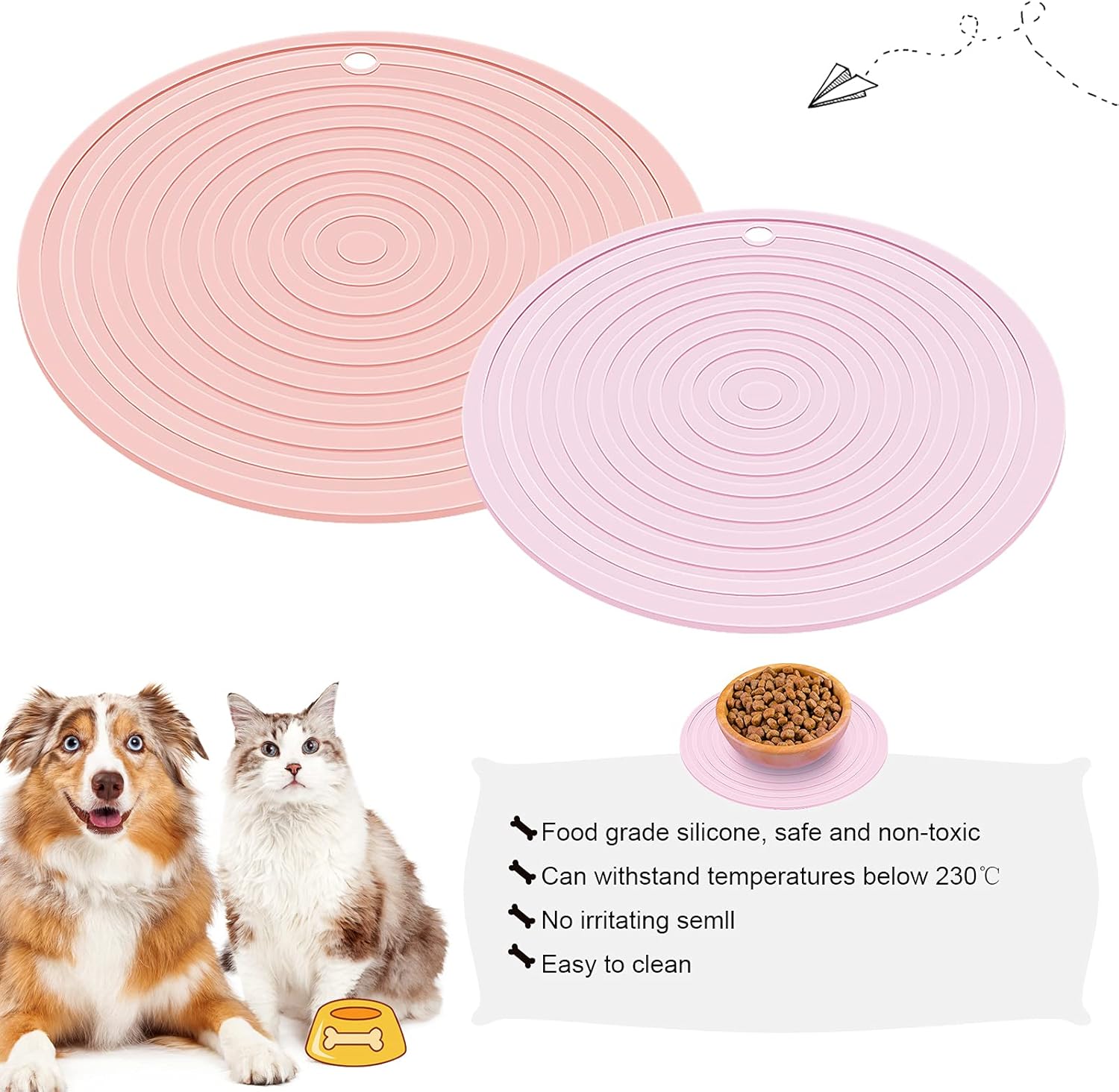 2 Pieces Silicone Pet Food Mat Pet Feeding Mat for Dog and Cat Food Bowl Placemat Preventing Food and Water Overflow Suitable for Medium and Small Pet, 9.5 x 9.5 Inch and 7.1 x 7.1 Inch (Pink) - Image 7