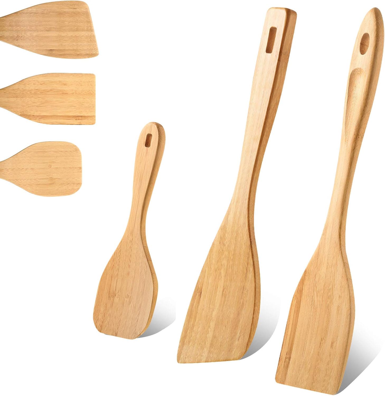 3 Pieces Bamboo Cooking Spatula and Paddle Set Bamboo Turner Wok Spatula Spoon Heat Resistant Kitchen Utensil for Nonstick Cookware, 3 Styles - Image 1