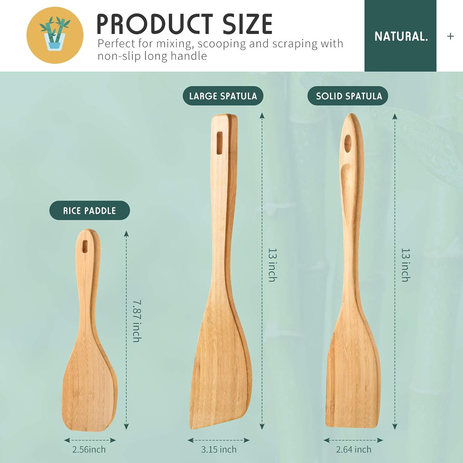3 Pieces Bamboo Cooking Spatula and Paddle Set Bamboo Turner Wok Spatula Spoon Heat Resistant Kitchen Utensil for Nonstick Cookware, 3 Styles - Image 2