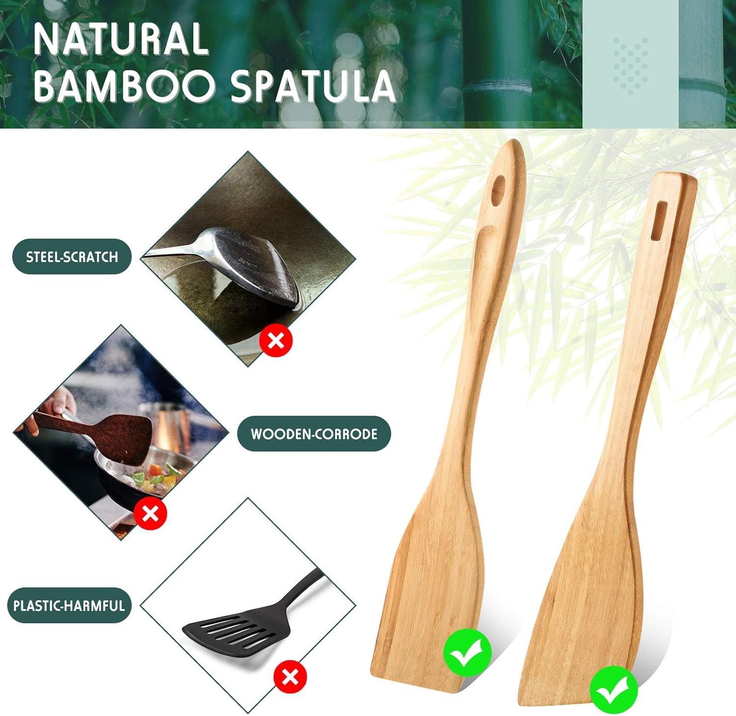 3 Pieces Bamboo Cooking Spatula and Paddle Set Bamboo Turner Wok Spatula Spoon Heat Resistant Kitchen Utensil for Nonstick Cookware, 3 Styles - Image 4