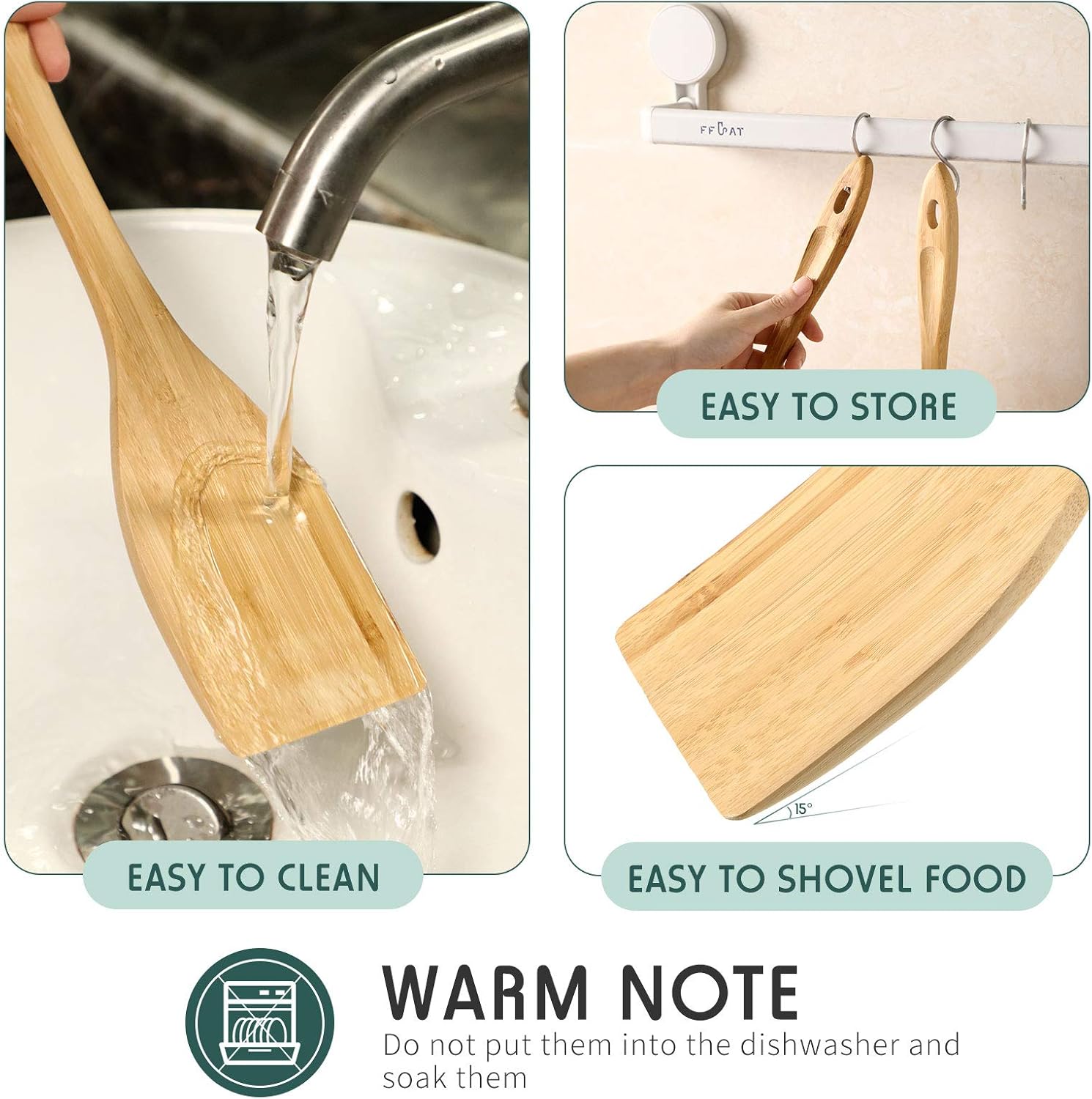 3 Pieces Bamboo Cooking Spatula and Paddle Set Bamboo Turner Wok Spatula Spoon Heat Resistant Kitchen Utensil for Nonstick Cookware, 3 Styles - Image 5