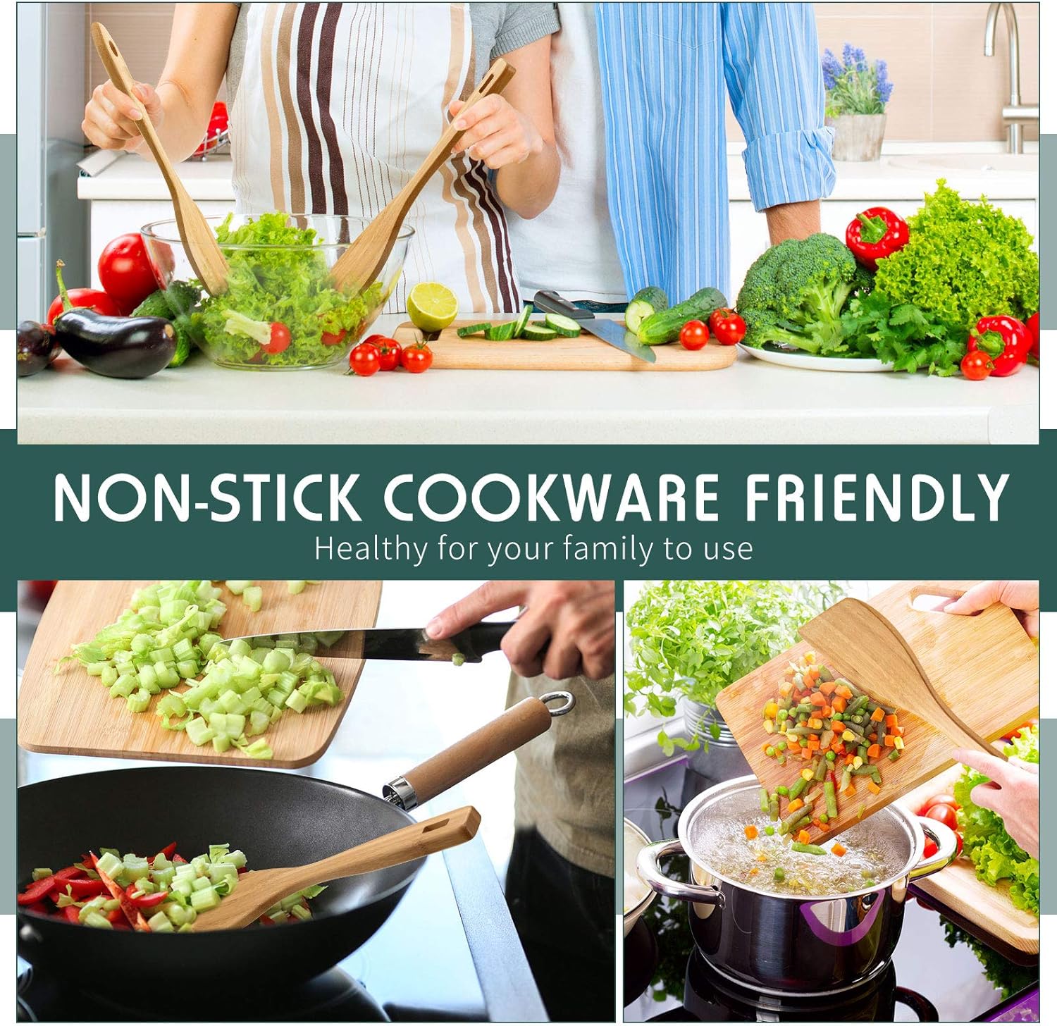 3 Pieces Bamboo Cooking Spatula and Paddle Set Bamboo Turner Wok Spatula Spoon Heat Resistant Kitchen Utensil for Nonstick Cookware, 3 Styles - Image 6