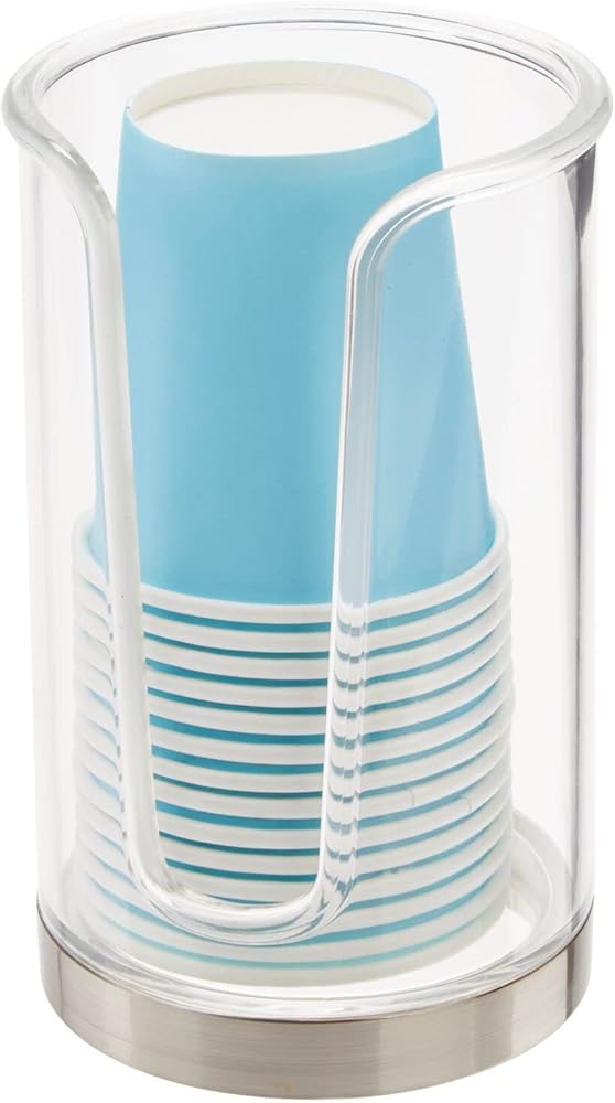 Plastic Small Compact Disposable Paper Cup Dispenser, Mouthwash Rinsing Cups Storage Holder for Bathroom Vanity Countertops, Makeup Table, Powder Room, Lumiere Collection, Clear/Brushed Chrome - Image 1