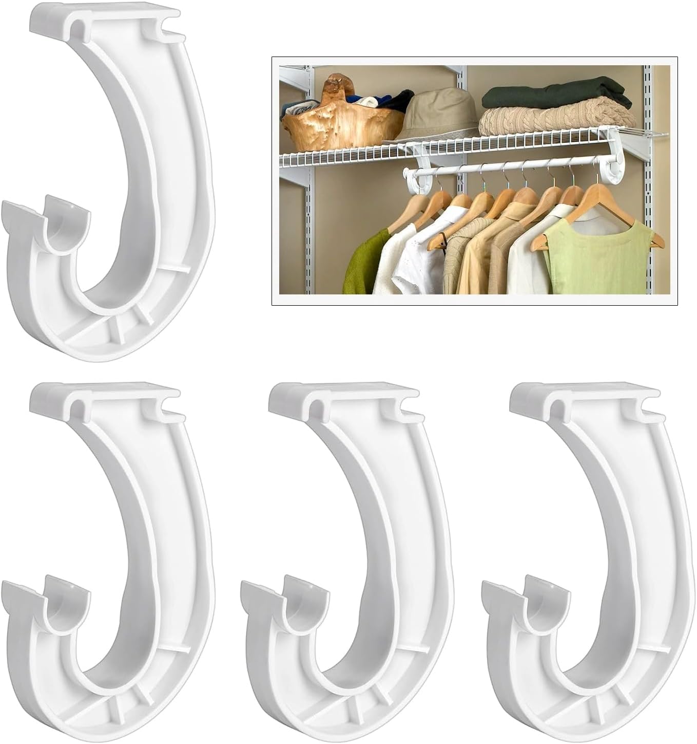 4Pcs Hanging Closet Rod Support,3/4 Closet Shelf Rod Holder,Sturdy J-Shaped Closet Brackets for Hanging Clothes,Cabinets Storage and Curtain - Image 1
