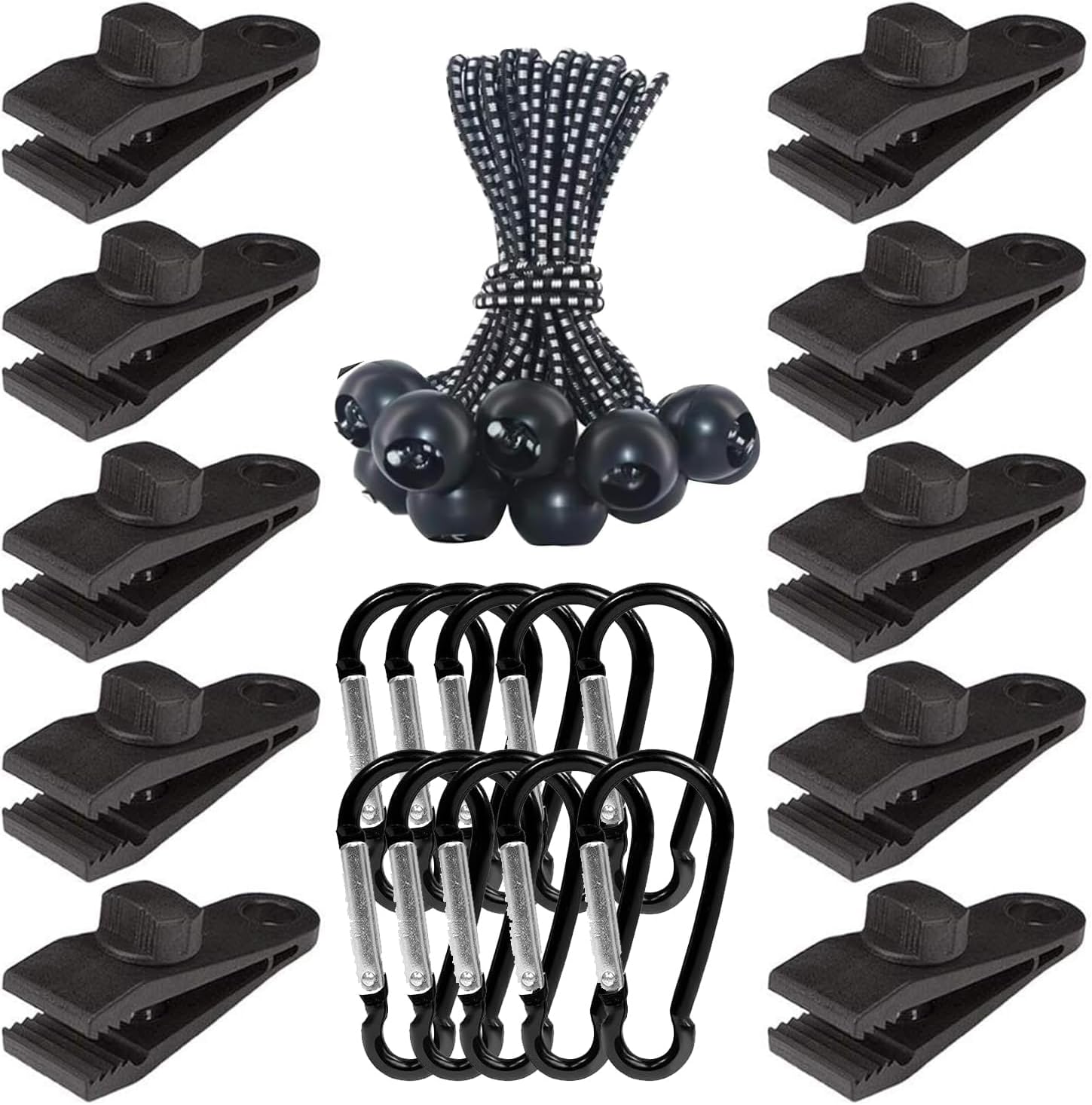 30-Pack Heavy Duty Lock Grip Tarp Clips with Adjustable Screw | Shark Teeth Design, Bungee Cords & Carabiners | Secure Cover for Camping, Pool Covers, Awnings, Canopies (PA Material, 0.25