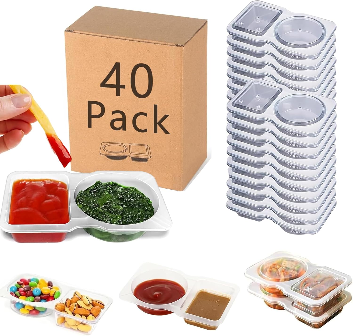 40 Sets Reusable Snack Containers, 2-Compartment Dipping Containers with Lid for Refrigeration, Portion Control, Outdoor Takeaway Sauce Dip Case - Image 1