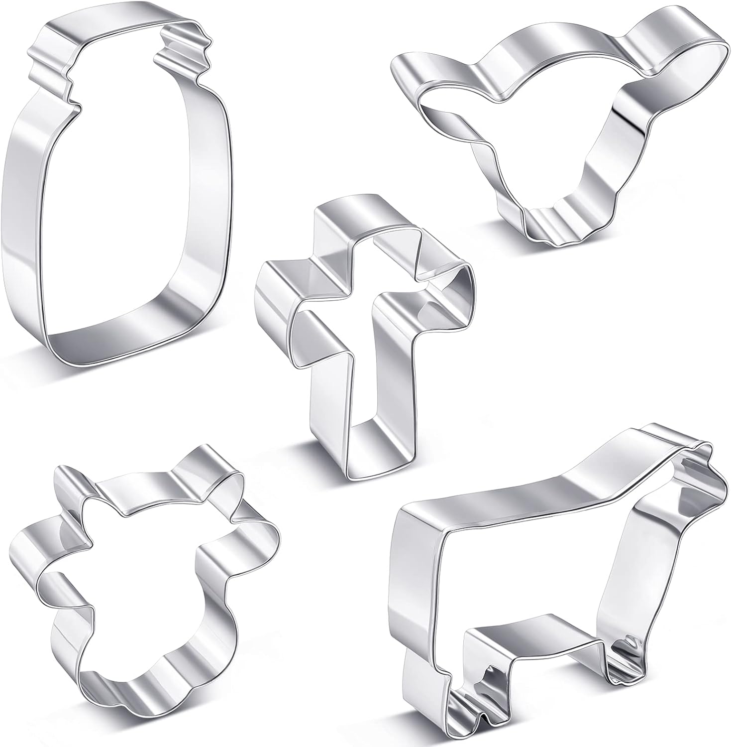 5 Pieces Cow Cookie Cutter Set, Farmhouse Theme, 5 Different Farm Animals Theme Cutters, Steel Cow Head, Milk Bottle, Crossed Cookie Molds for Biscuit and Cakes Kitchen Tool Accessories - Image 1