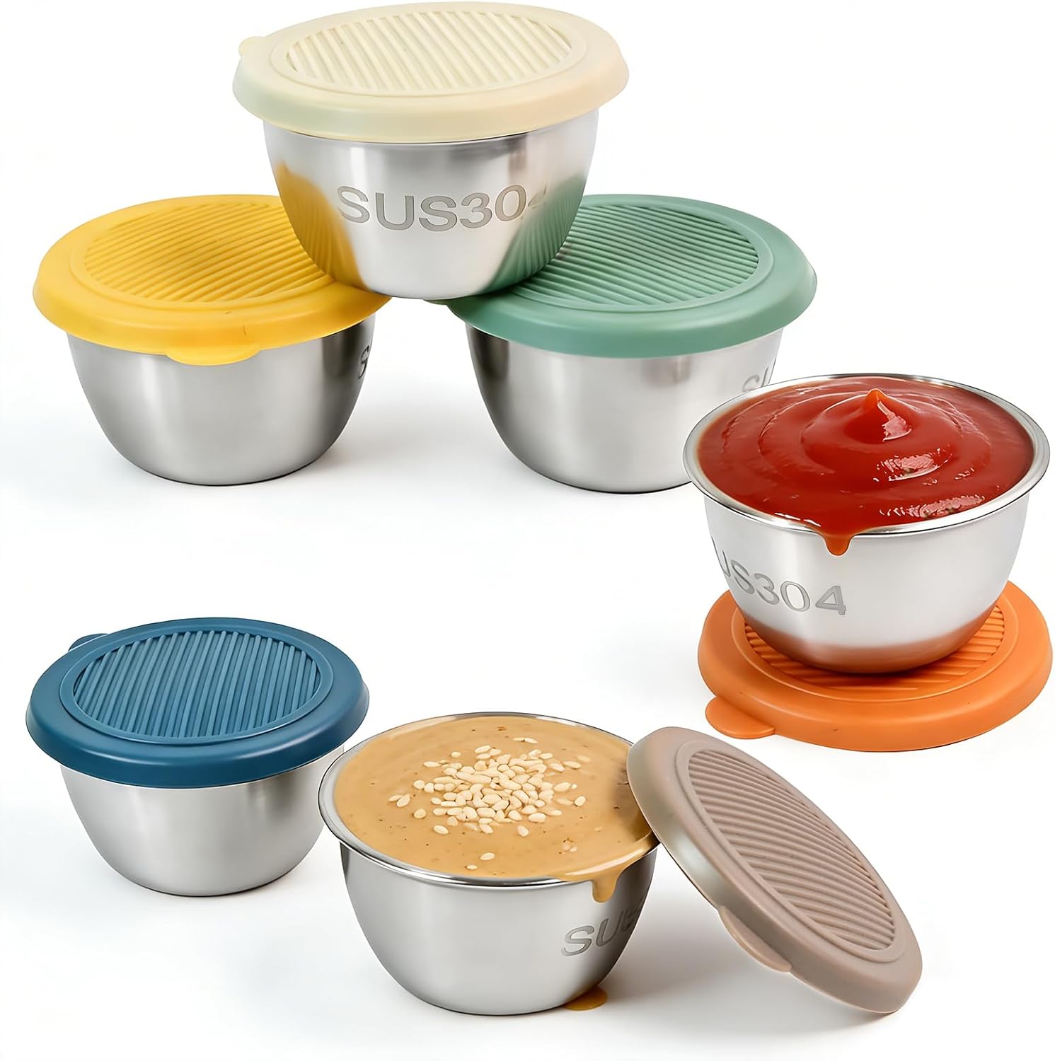 6 Pack Stainless Steel Condiment Cups With Lids, Reusable Leakproof Sauce Containers for Lunch Box, Travel, Picnics & Meal Prep, Metal Dipping Sauce Cups for On The Go (6) - Image 1
