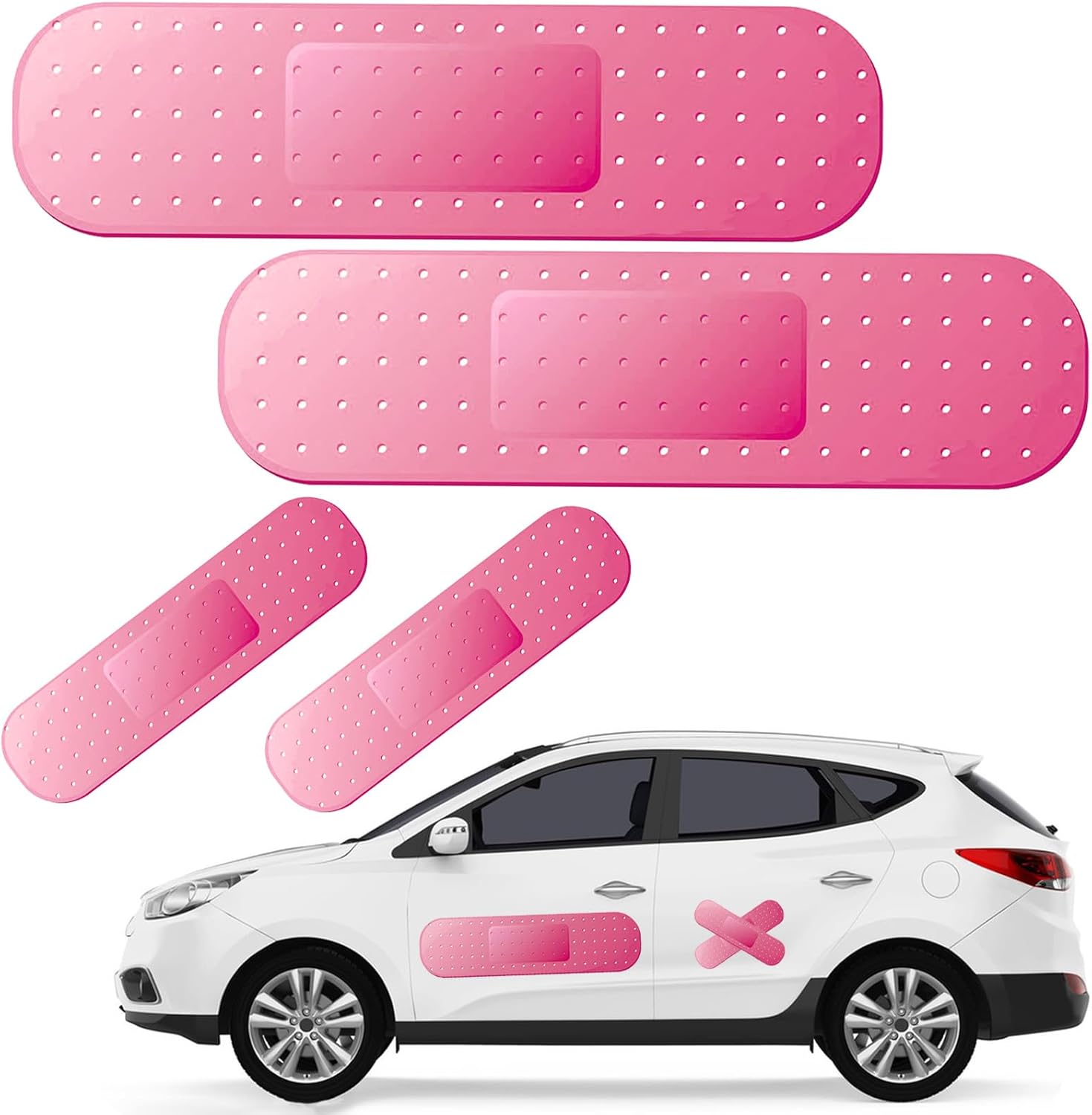 4pcs Funny Car Band Aid Sticker for Car Damage, 10/24in Giant Band Aid Car Decals for Cover Dent Crack and Scratch, Car Bumper Sticker, Large Vehicle Body Bandage (Pink 2pcs Large and 2pcs Small Size) - Image 1