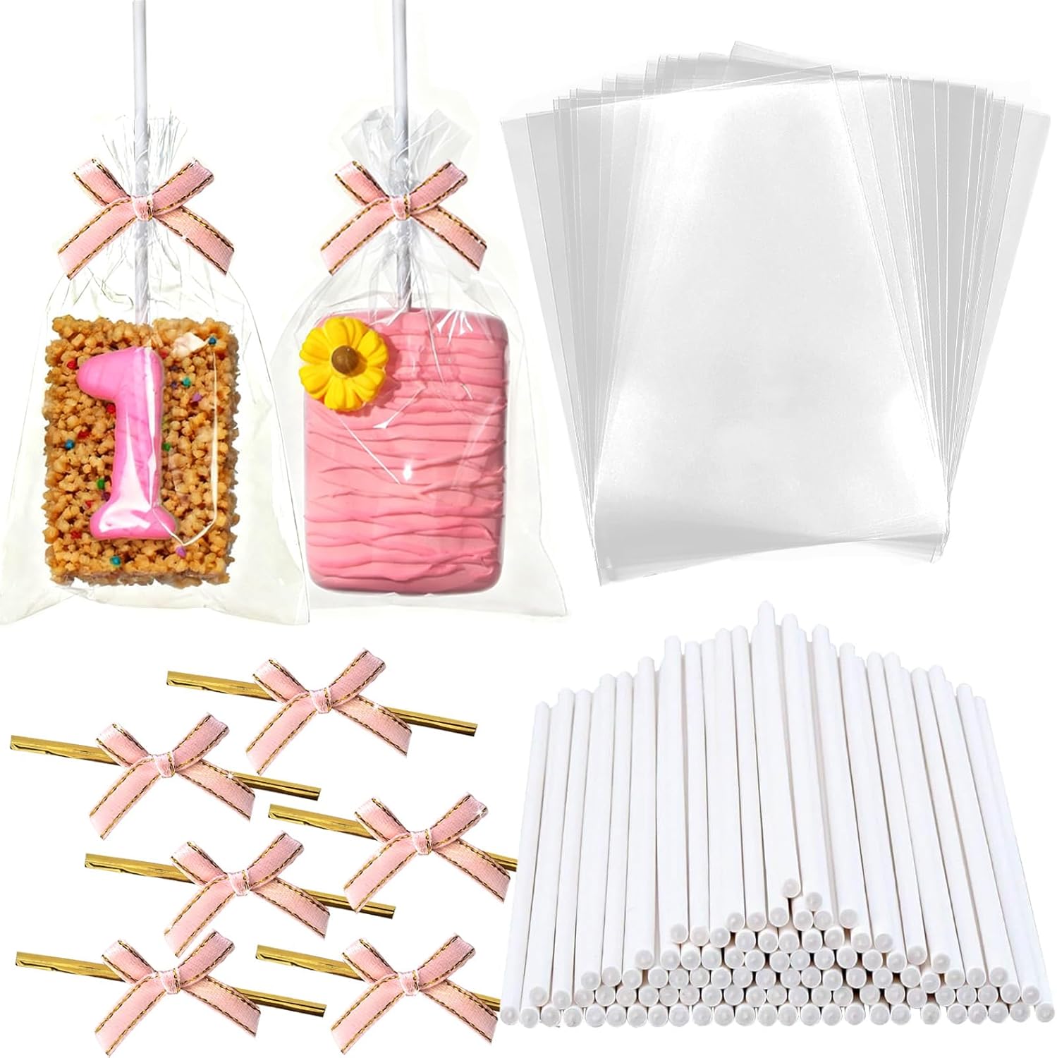100PCS Rice Crispy Treat Bags 4x6in with Sticks and Ties Bow, Clear Cellophane for Rice Krispies Individually Wrapped Cake Pop Bags with Ties Cakesicles Lollipop Candy Making Cookies Packaging(Pink) - Image 1