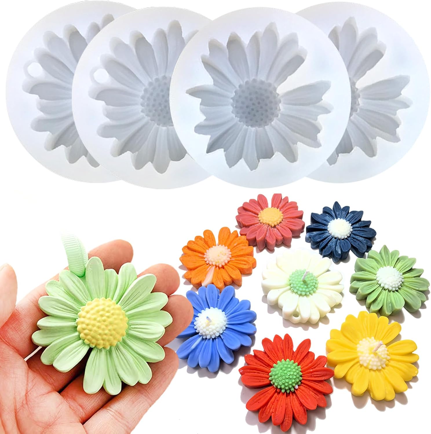 4 PCS Daisy Flower Silicone Molds for Candles, 3D Flower Candle Mold Silicone Daisy DIY Soap Wax Epoxy Resin Plaster Concrete Casting Polymer Clay Craft, Chocolate Fondant Cake Topper Decoration Mold - Image 1