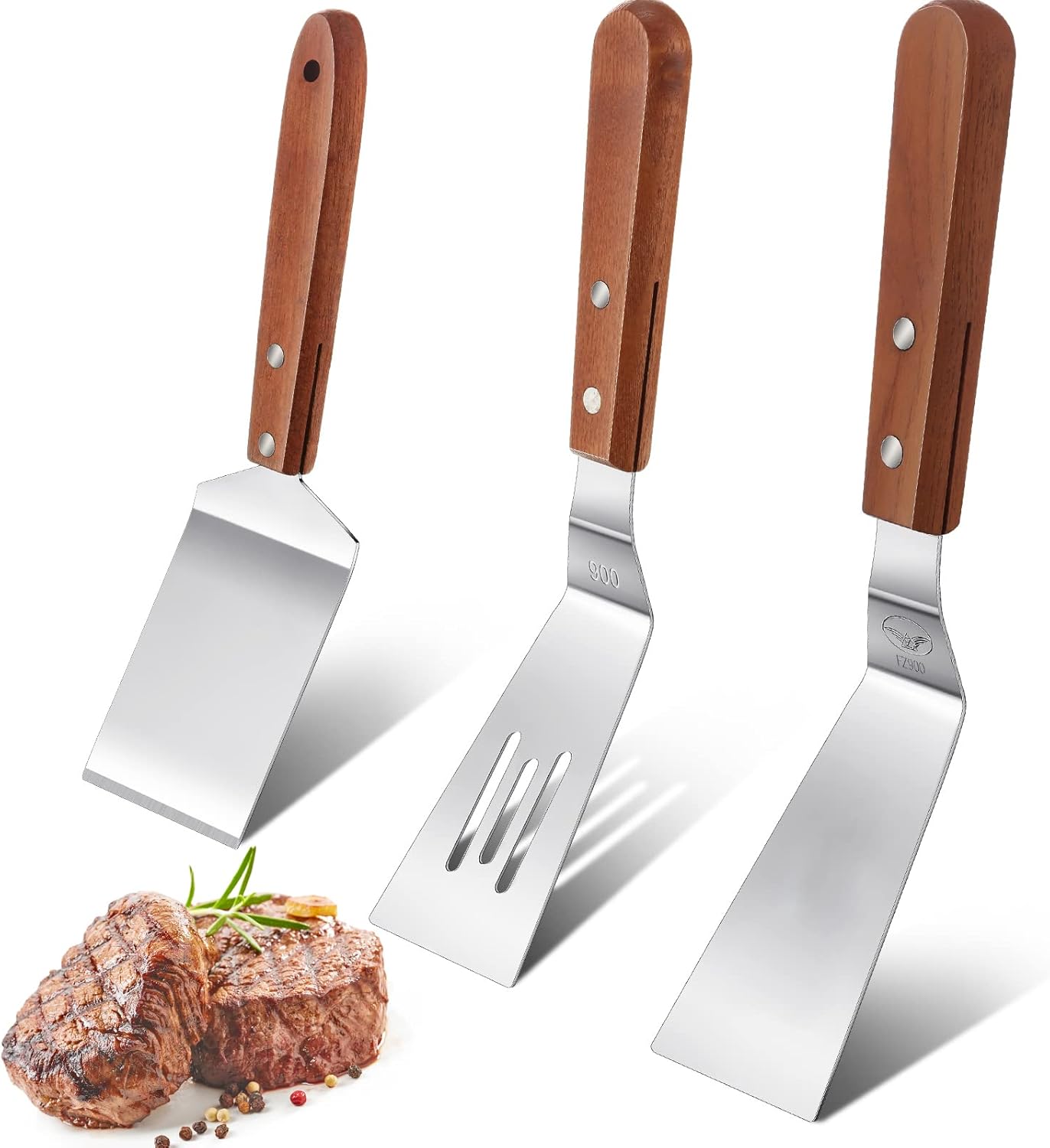 3 Pieces Stainless Steel Cooking Spatula Set Flat Top Metal Spatula Stainless Steel Wire Cheese Cutter Tool Slotted Spatula with Wooden Handle for Grilling Frying and Cooking - Image 1