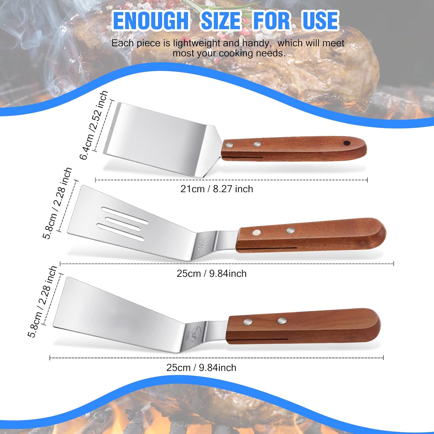 3 Pieces Stainless Steel Cooking Spatula Set Flat Top Metal Spatula Stainless Steel Wire Cheese Cutter Tool Slotted Spatula with Wooden Handle for Grilling Frying and Cooking - Image 2