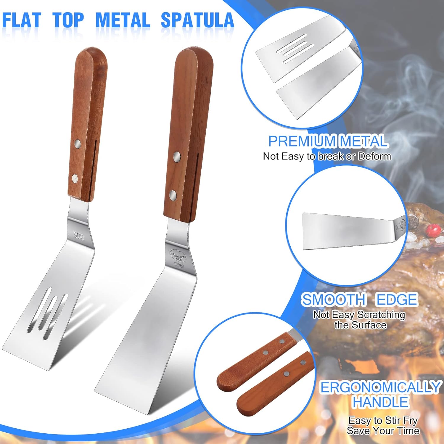 3 Pieces Stainless Steel Cooking Spatula Set Flat Top Metal Spatula Stainless Steel Wire Cheese Cutter Tool Slotted Spatula with Wooden Handle for Grilling Frying and Cooking - Image 3