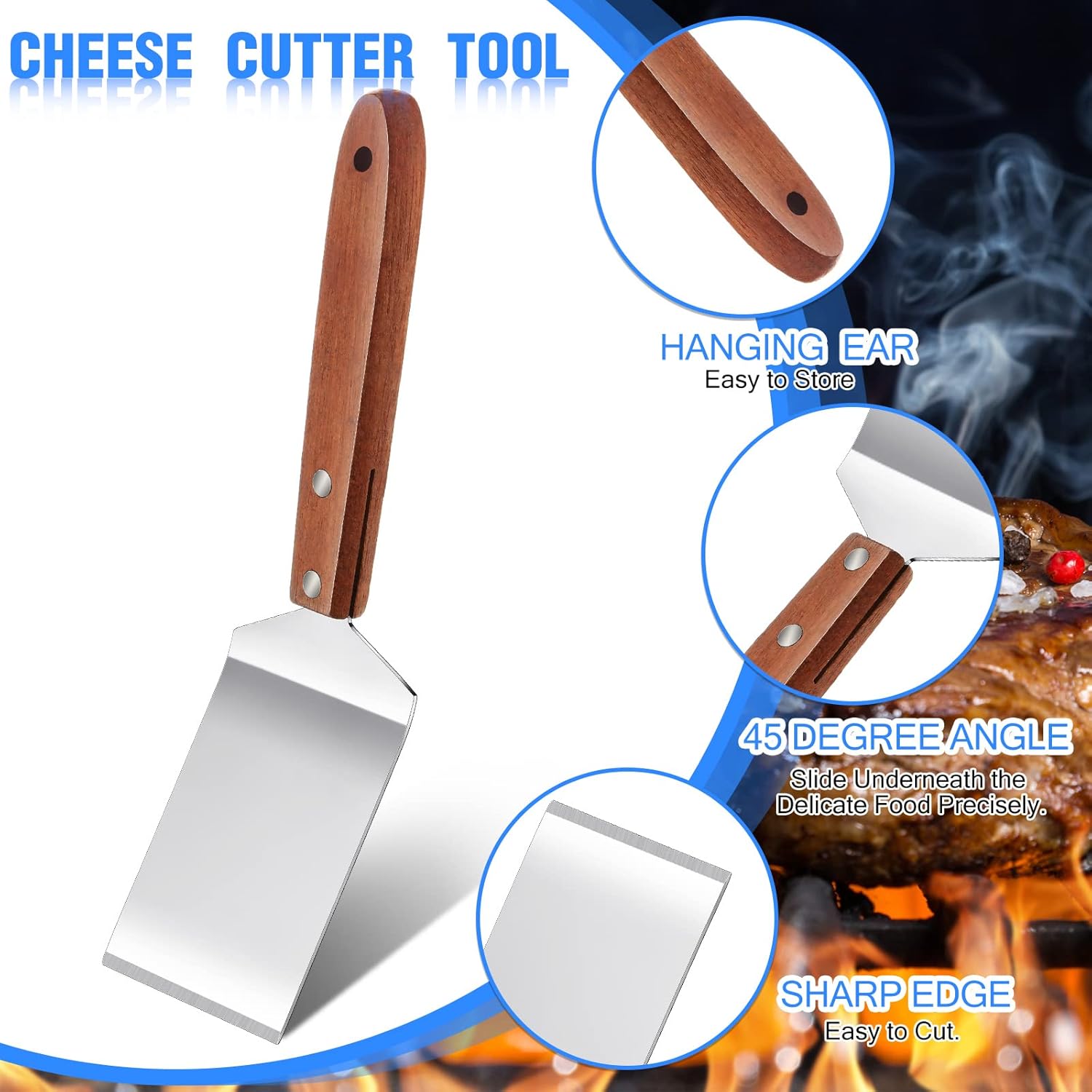 3 Pieces Stainless Steel Cooking Spatula Set Flat Top Metal Spatula Stainless Steel Wire Cheese Cutter Tool Slotted Spatula with Wooden Handle for Grilling Frying and Cooking - Image 4
