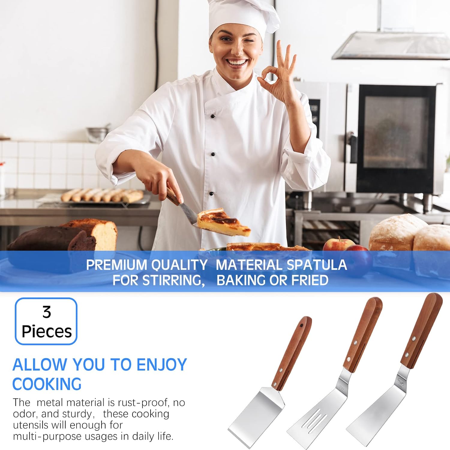 3 Pieces Stainless Steel Cooking Spatula Set Flat Top Metal Spatula Stainless Steel Wire Cheese Cutter Tool Slotted Spatula with Wooden Handle for Grilling Frying and Cooking - Image 6