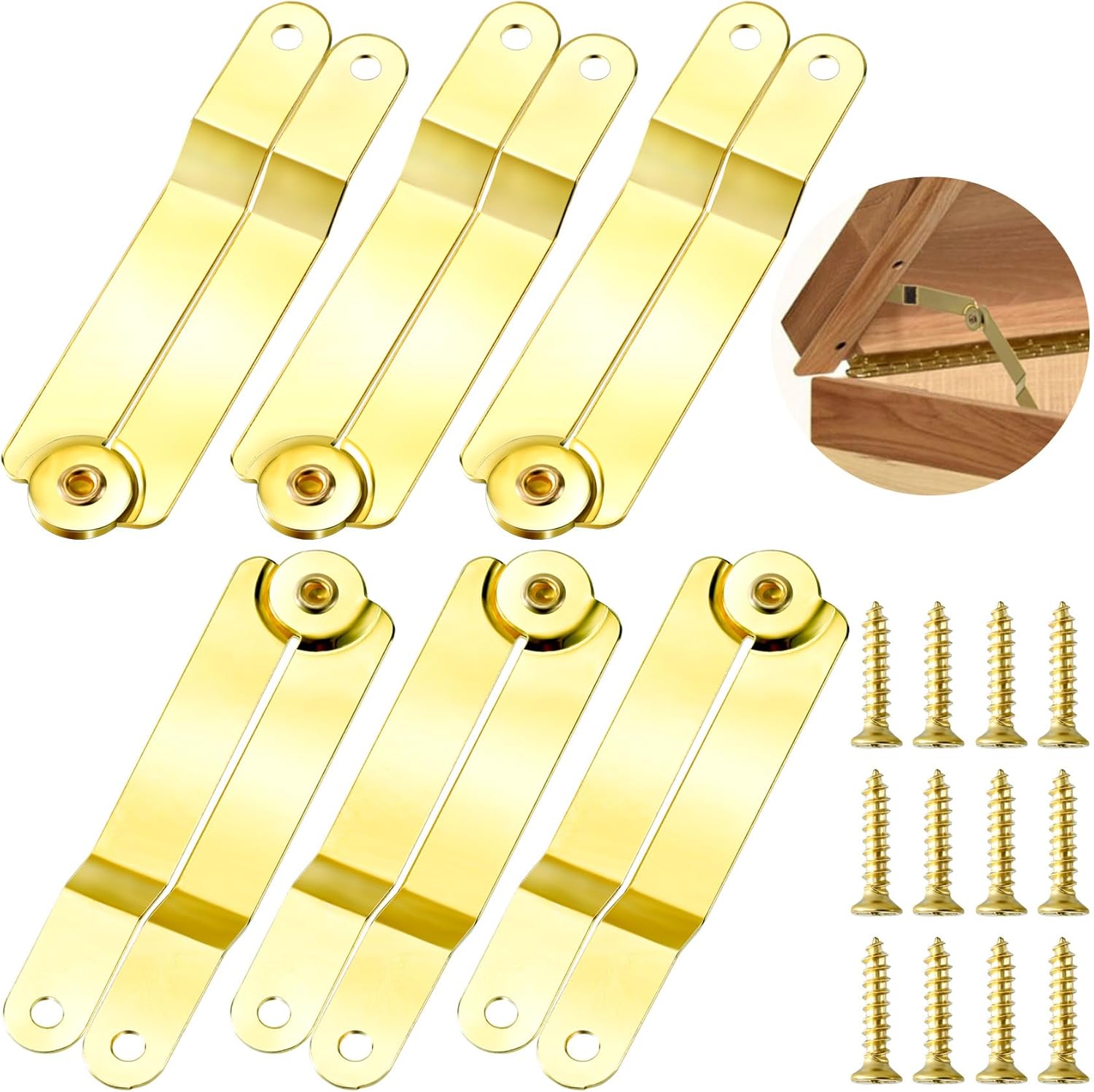 10pcs Gold Lid Support Hinge with 20 Screw, Foldable Lid Stay Safety Hinges, Rustproof 135 Degree Rotatable Hinge for Wooden Box Toy Jewelry Gift Wooden Boxes Cupboard Cabinet Window - Image 1