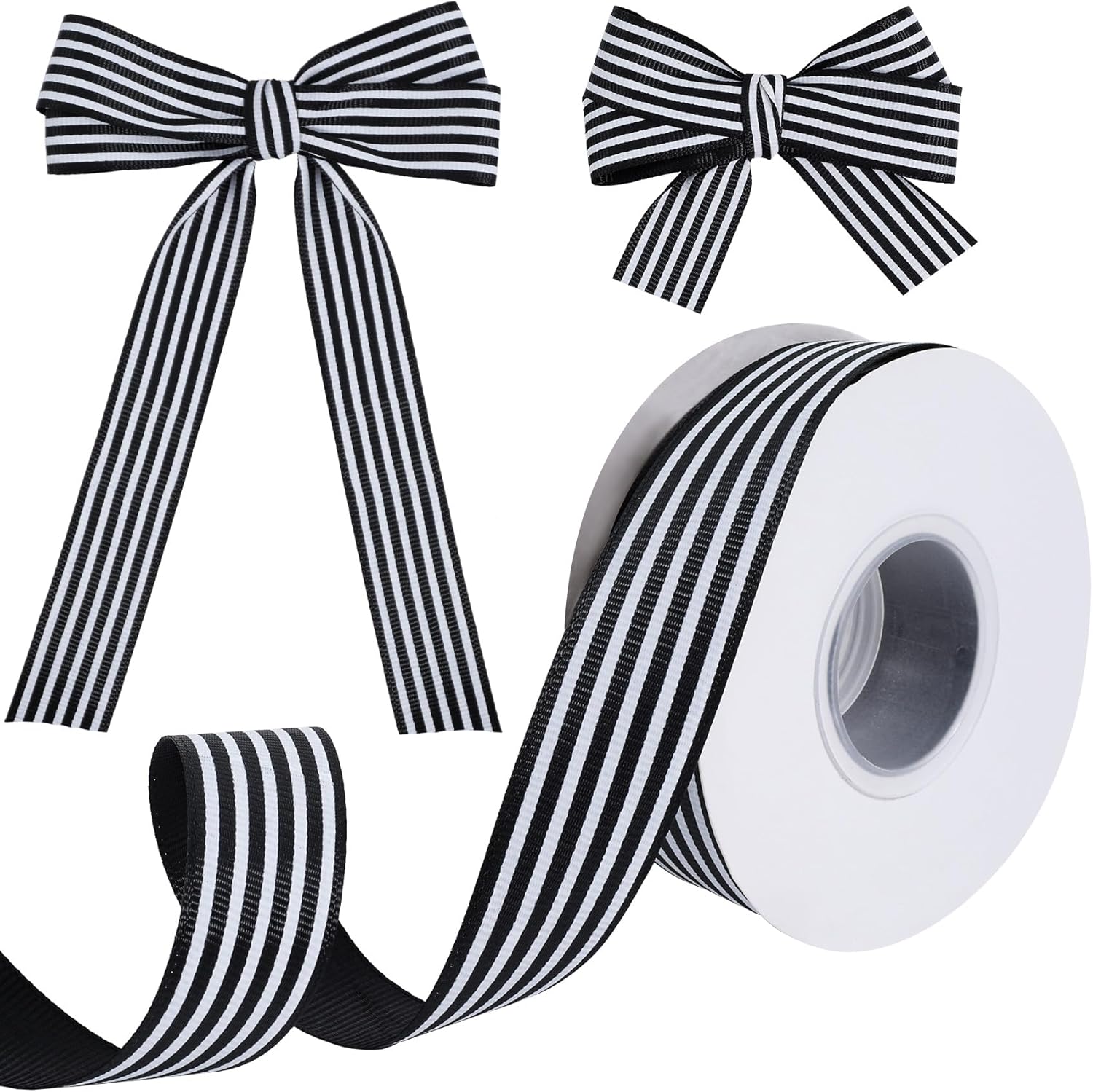 25 Yards Black and White Striped Ribbon, Grosgrain Stripe Ribbons Fabric for Crafts, 0.98in Wide Polyester Fabric Embellishments for Wrapping Wedding Birthday Decor - Image 1