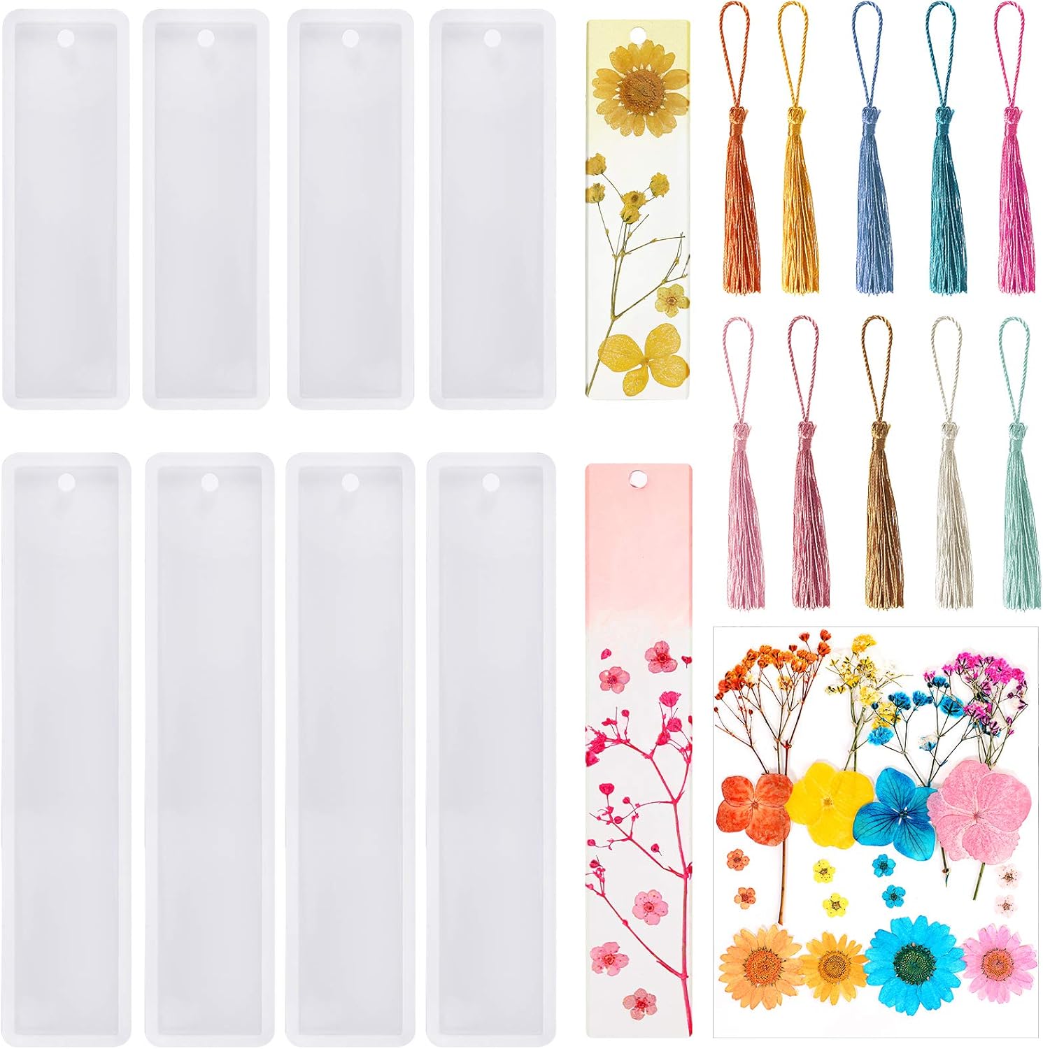 38 Pieces Bookmark Resin Mould Set, Include Rectangle Bookmark Silicone Mould Epoxy Resin Jewelry Mould with Colorful Tassels and Dried Flowers for Jewelry DIY Bookmark Making - Image 1