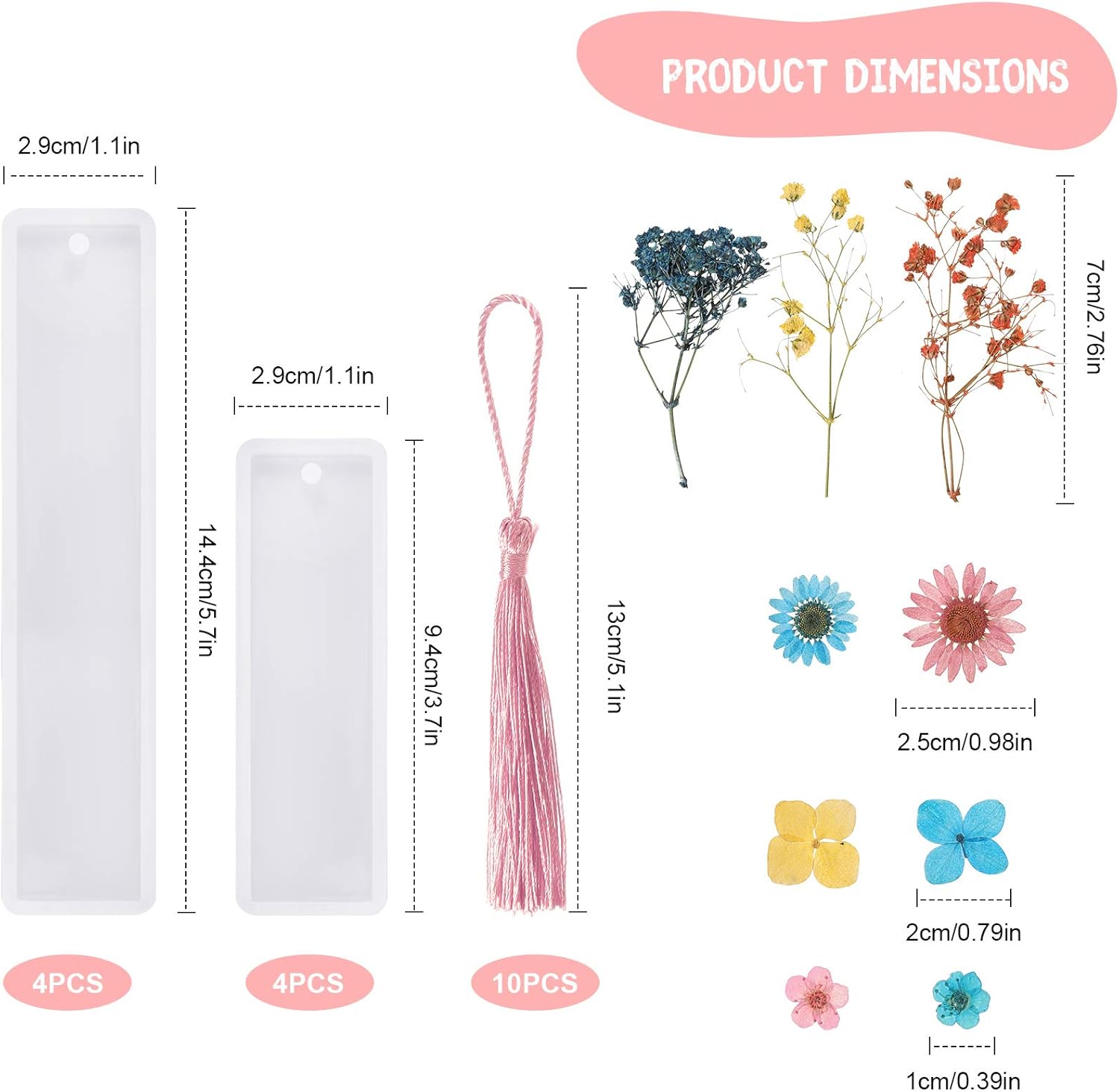 38 Pieces Bookmark Resin Mould Set, Include Rectangle Bookmark Silicone Mould Epoxy Resin Jewelry Mould with Colorful Tassels and Dried Flowers for Jewelry DIY Bookmark Making - Image 2