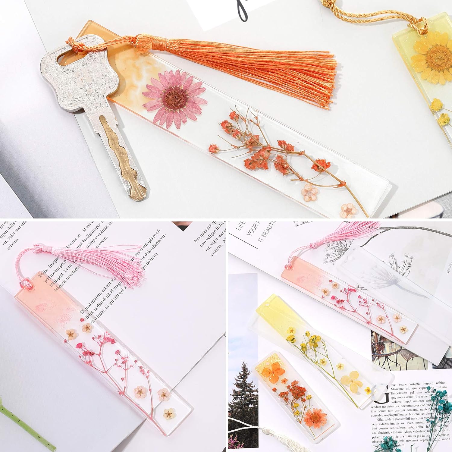 38 Pieces Bookmark Resin Mould Set, Include Rectangle Bookmark Silicone Mould Epoxy Resin Jewelry Mould with Colorful Tassels and Dried Flowers for Jewelry DIY Bookmark Making - Image 4