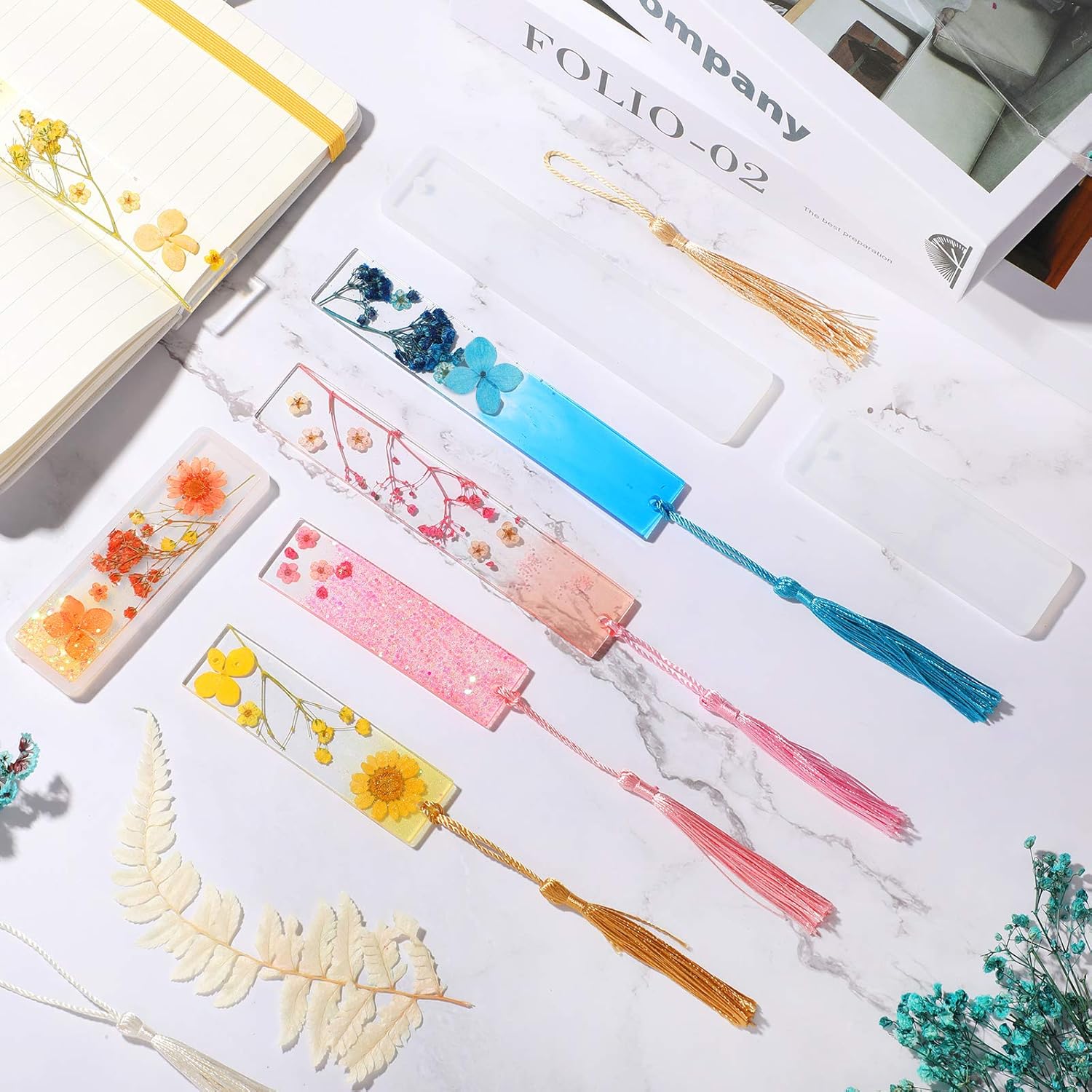 38 Pieces Bookmark Resin Mould Set, Include Rectangle Bookmark Silicone Mould Epoxy Resin Jewelry Mould with Colorful Tassels and Dried Flowers for Jewelry DIY Bookmark Making - Image 5