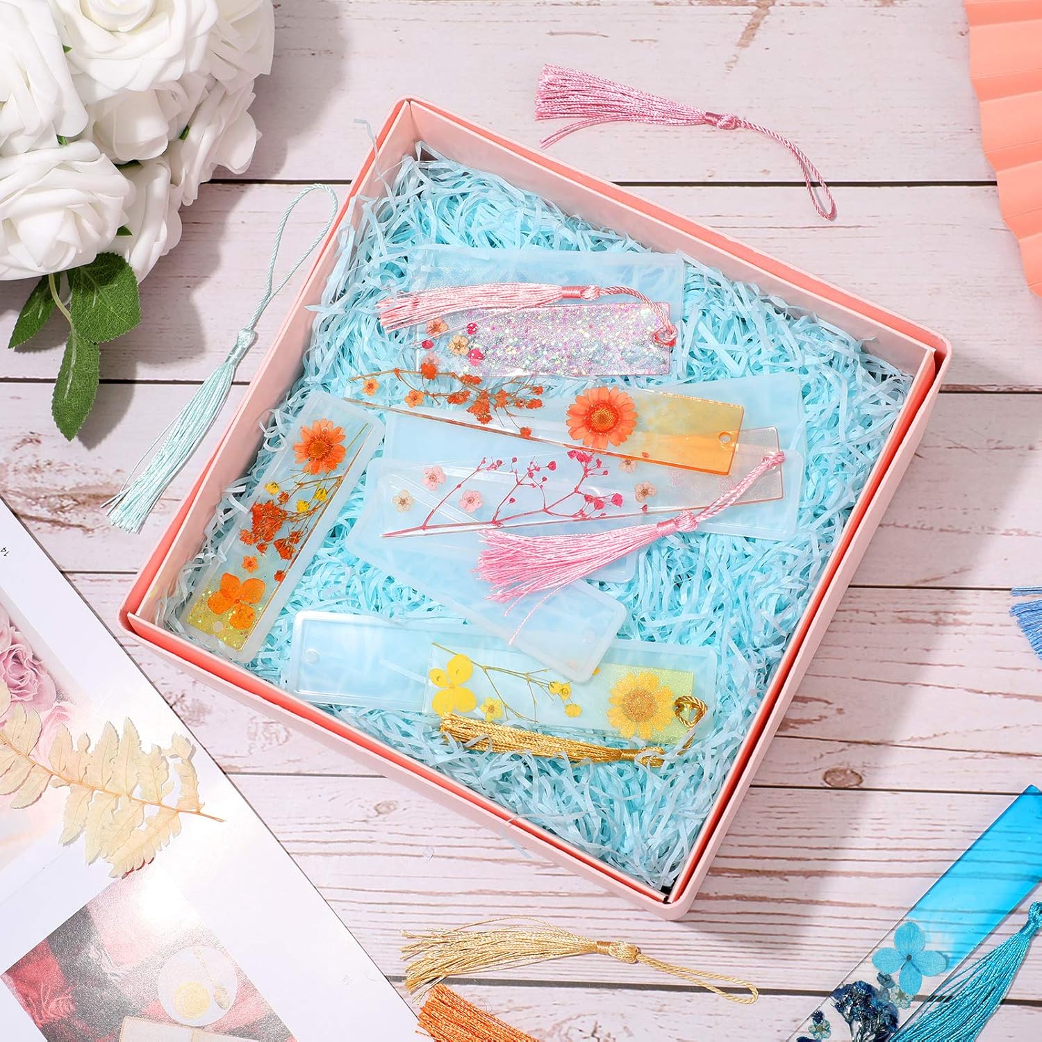 38 Pieces Bookmark Resin Mould Set, Include Rectangle Bookmark Silicone Mould Epoxy Resin Jewelry Mould with Colorful Tassels and Dried Flowers for Jewelry DIY Bookmark Making - Image 7