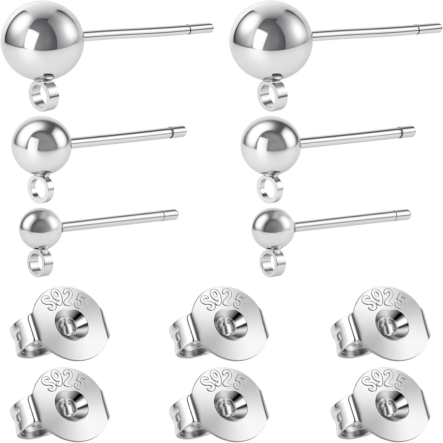 12pcs S925 Earrings Post for Jewelry Making, 3/4/5mm Hypoallergenic Ball Earring Posts Backs, Ear Stud Findings Supplies for Dangle Ear Jewelry Making- Silver - Image 1
