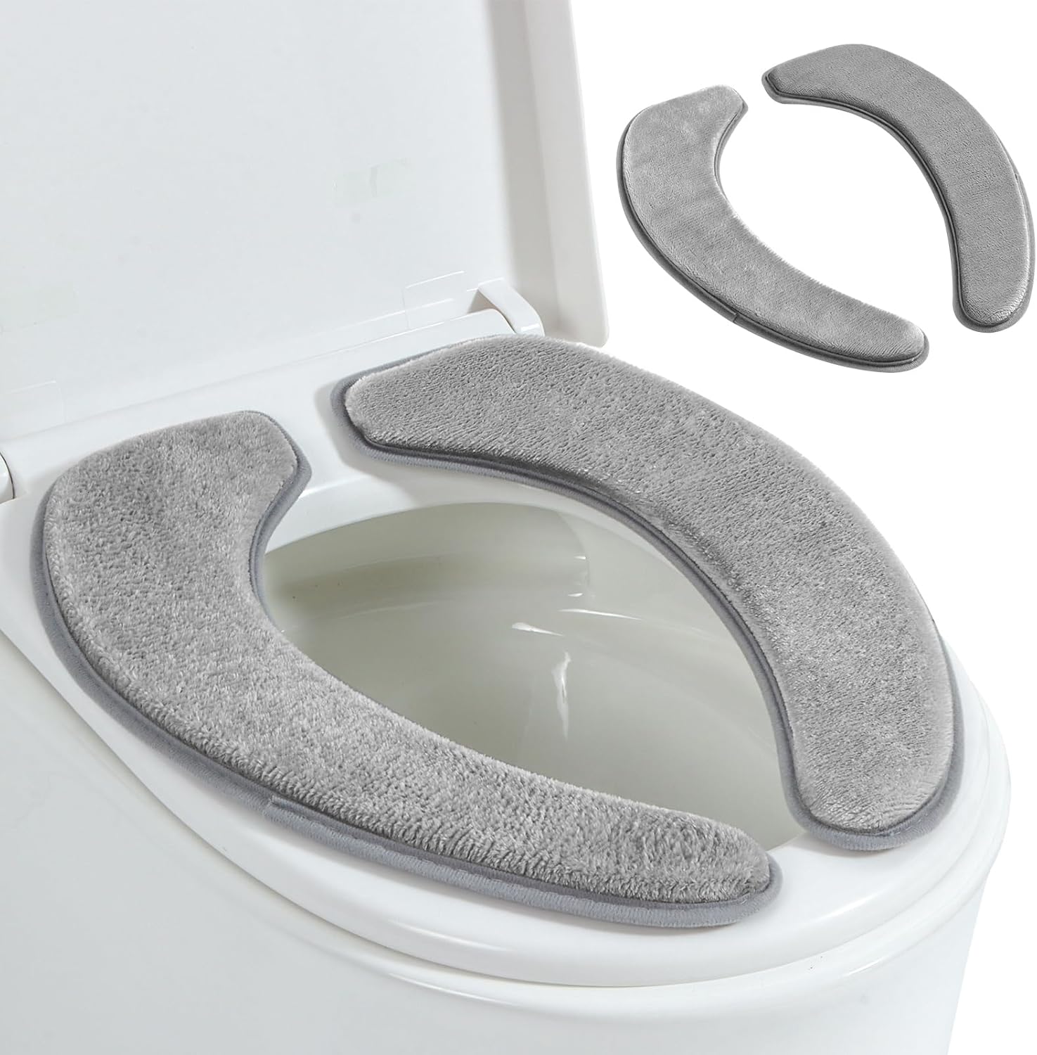 Toilet Seat Cover with Memory Foam, Soft Flannel Toilet Seat Warmer Cover for Bathroom, Washable Self-Adhesive Reusable Toilet Covers, Fits Most Round, Oval and Elongated Toilet Seat - Image 1