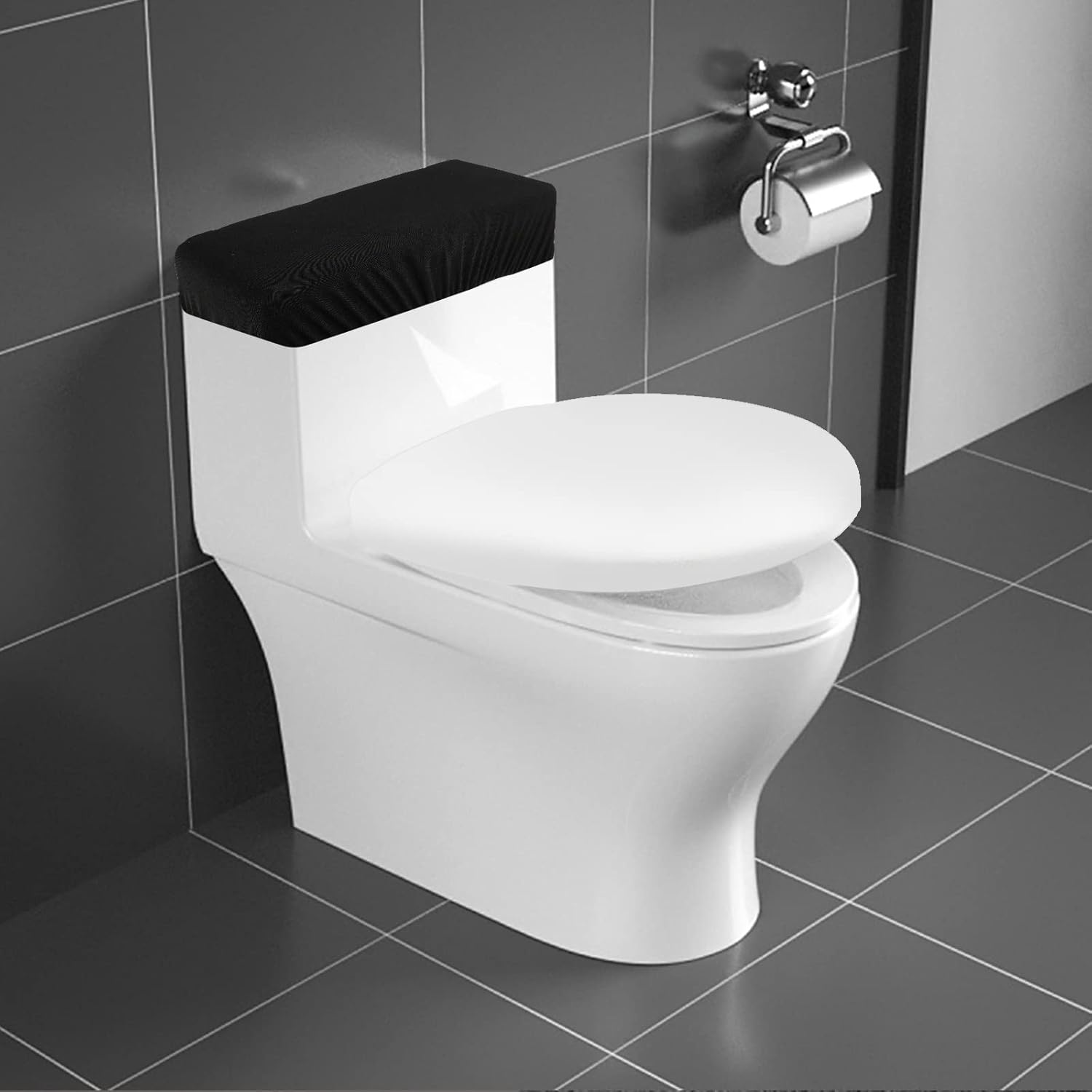 Toilet Tank Lid Cover, Bathroom Stretch Washable Spandex Toilet Tank Protector Cover with Elastic Bottom, Black - Image 1