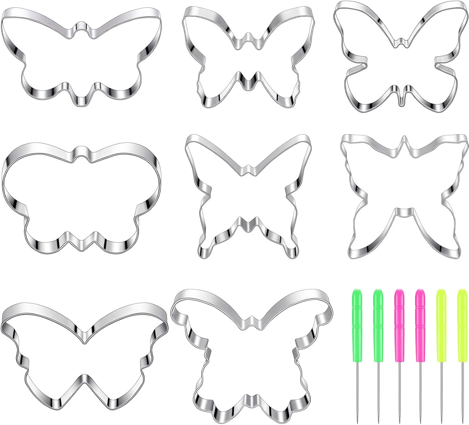 8 Pieces Butterfly Cookie Cutter Set Stainless Steel Metal Biscuit Cutter Mould and 6 Pieces Sugar Stirring Pins for Sandwich Chocolate Fondant Biscuit Cake Kitchen Baking - Image 1