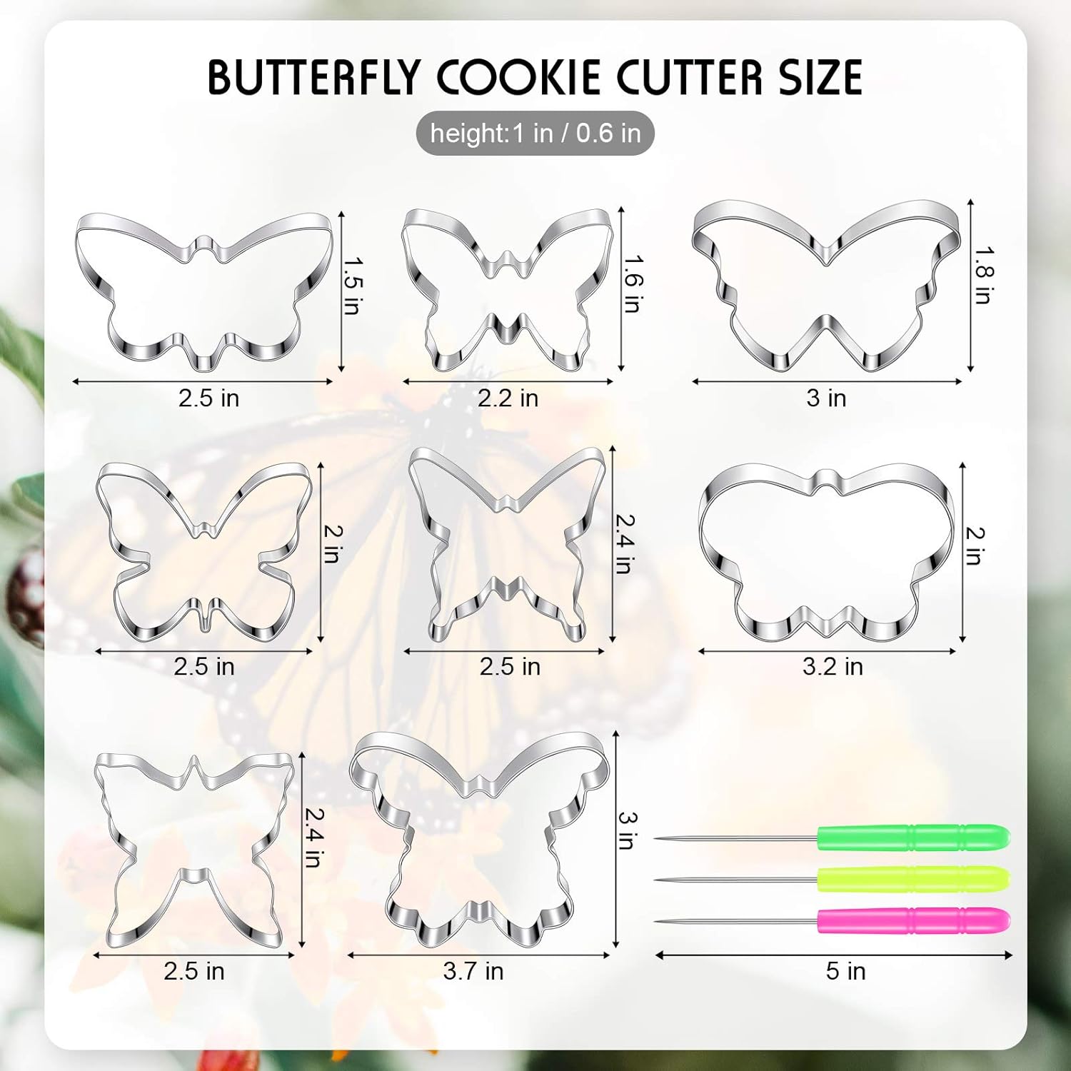 8 Pieces Butterfly Cookie Cutter Set Stainless Steel Metal Biscuit Cutter Mould and 6 Pieces Sugar Stirring Pins for Sandwich Chocolate Fondant Biscuit Cake Kitchen Baking - Image 2