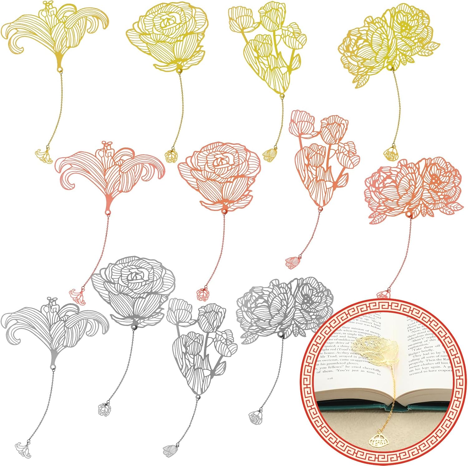 12 Pieces Metal Bookmarks for Women Metal Leaf Bookmark with Chain Christmas Gifts for Book Lovers Writers Readers - Image 1