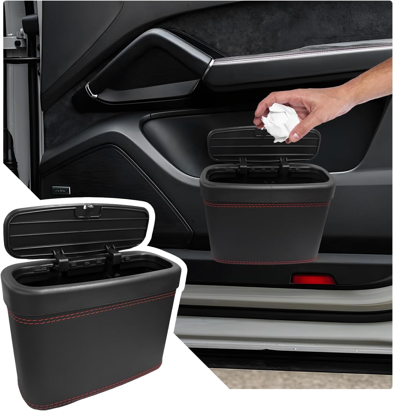 Car Trash Can with Lid, Leather Auto Dustbin Hanging Organizer with Mounting Clip, Multi-Purpose Leakproof Vehicle Garbage Bin Storage Container for Cars SUVs RVs (Black) - Image 1