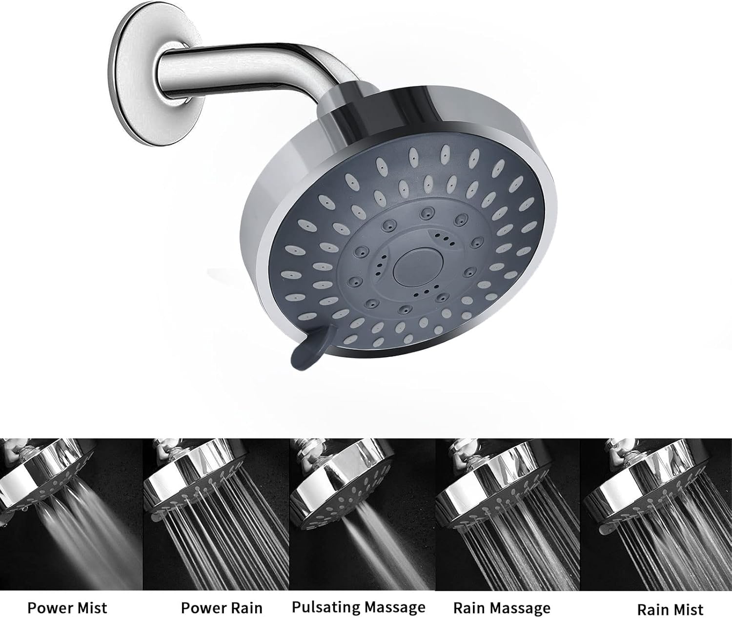 Shower Head, High Pressure Shower Heads 4.1 Inch 5 Settings Rain High Flow Fixed Showerhead for Luxury Shower Experience Even at Low Water Pressure, Chrome - Image 3
