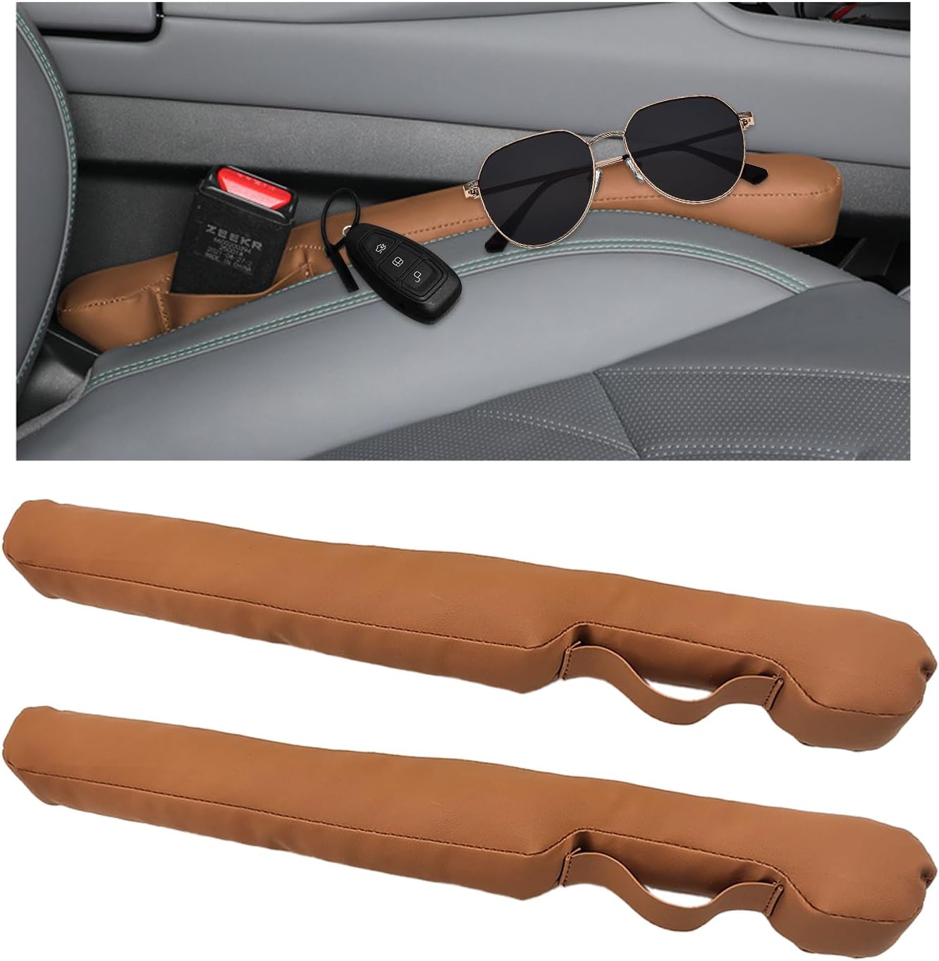 2PCS Leather Car Seat Gap Filler, No-Drop Seat Side Gap Plug Crevice Blocker with Securing Strap, Elastic Filler Block The Gap Between Seats & Console for Truck SUV Sedan (Brown) - Image 1