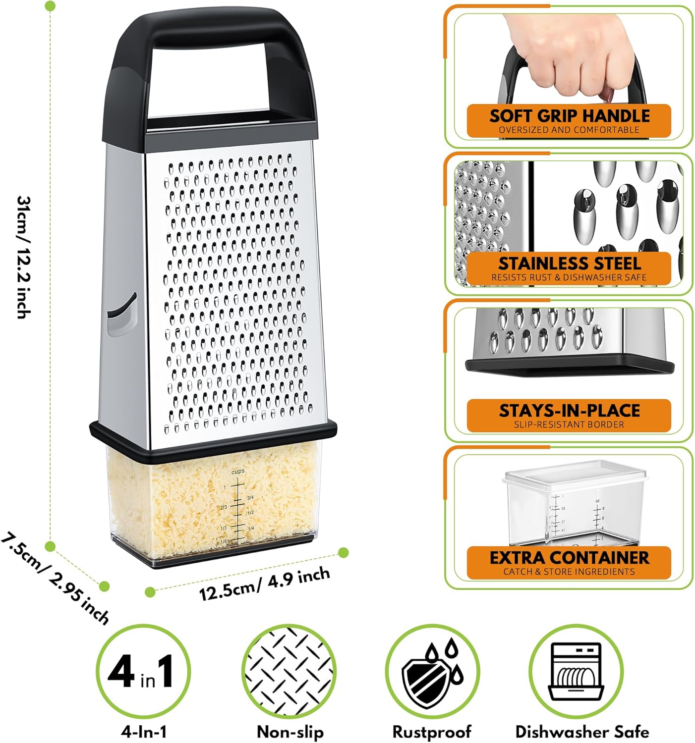 Cheese Grater With Container Box Grater Stainless Steel Graters for Kitchen Cheese Shredder Parmesan Shredder Kitchen Gadgets Kitchen Tools Kitchen Gifts for Chef Dishwasher Safe Zester - Image 2