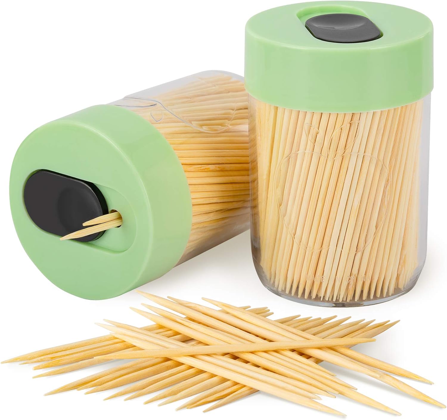 Sturdy Safe Toothpick Holder with 800 Natural Wood Toothpicks for Teeth Cleaning, Unique Home Design Decoration, Unusual Gift, 2 Pack, Green - Image 1