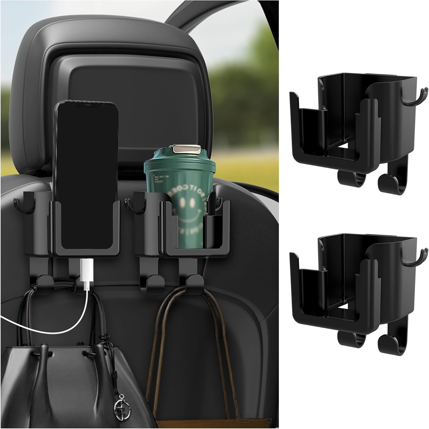 2PCS Multifunctional Car Cup Holder + Car Phone Holder + Car Purse Hook,Hanging Back Seat Car Organizer with Headrest Hooks,Universal Car Organizer Car Accessories Interior - Image 1